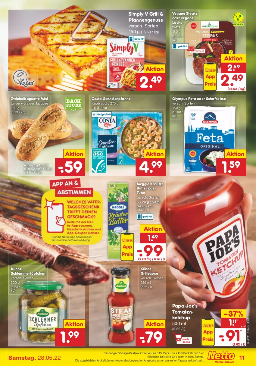 Aktueller Prospekt Netto Marken-Discount - Filial-Angebote - von 23.05 bis 28.05.2022 - strona 11 - produkty: angebot, backofen, baguette, bestpreis, butter, eis, feta, filet, filets, garnelen, grill, grillsauce, Käse, ketchup, knoblauch, kräuter, Kühne, lachs, lachsfilet, lachsfilets, meggle, nuss, Ofen, pfanne, pfannen, reis, sauce, schafskäse, schlemmertöpfchen, sim, steak, steaks, stube, Ti, tomate, tomaten, tomatenketchup, Töpfchen, ZTE, zwiebel