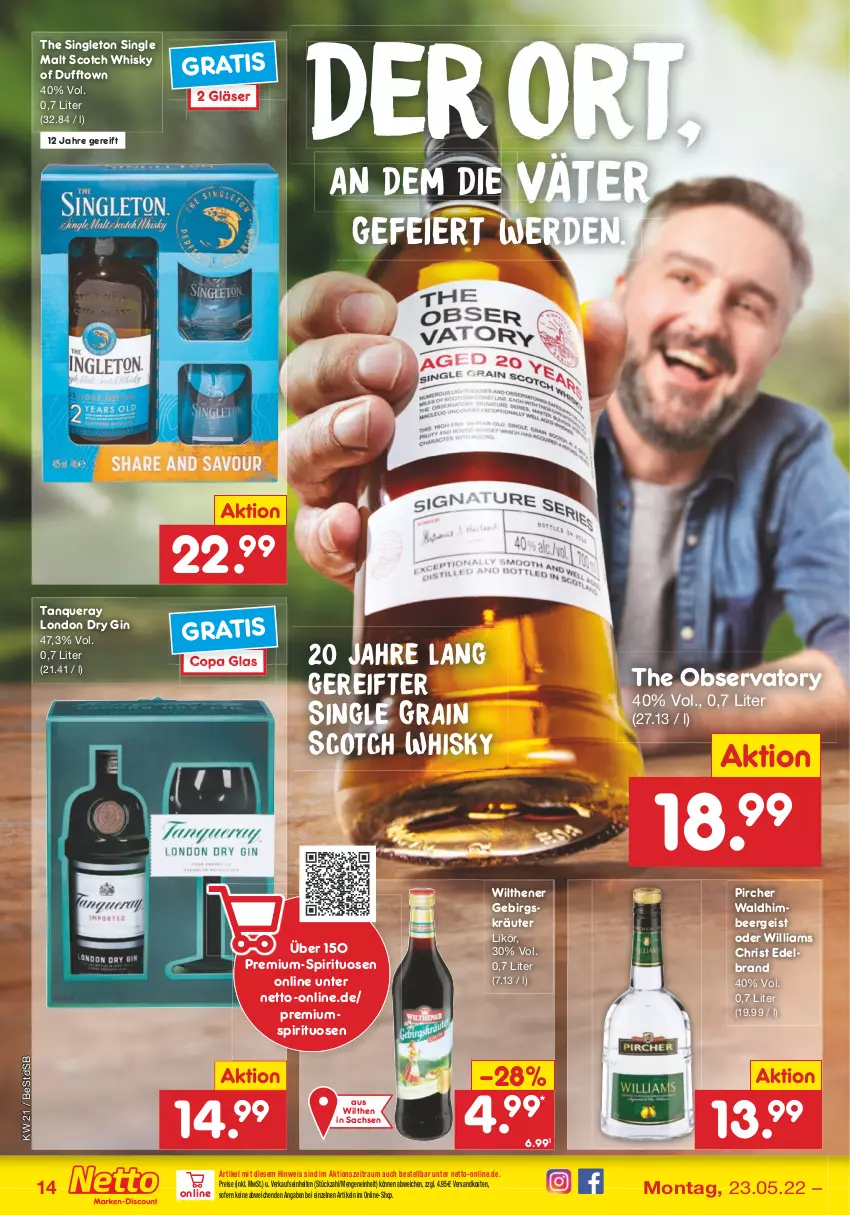 Aktueller Prospekt Netto Marken-Discount - Filial-Angebote - von 23.05 bis 28.05.2022 - strona 14 - produkty: dry gin, eier, eis, erde, gin, Gläser, himbeer, kräuter, likör, london dry, london dry gin, ndk, pircher, reis, sac, scotch, scotch whisky, single malt, spirituosen, Tanqueray, Ti, whisky, wilthener