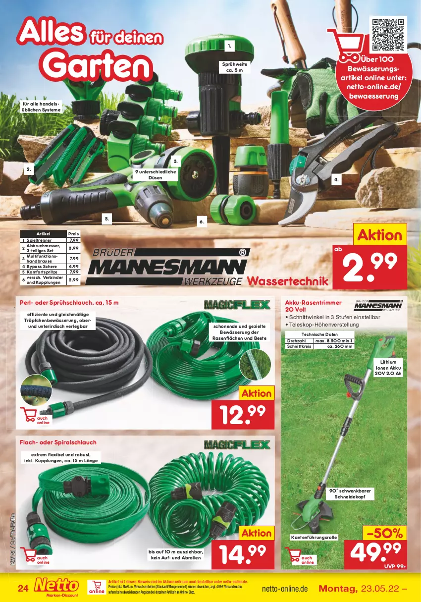 Aktueller Prospekt Netto Marken-Discount - Filial-Angebote - von 23.05 bis 28.05.2022 - strona 24 - produkty: akku, brause, eis, ente, Garten, handbrause, messer, ndk, rasen, rasentrimmer, reis, Schere, schlauch, senf, Teleskop, Ti, wasser