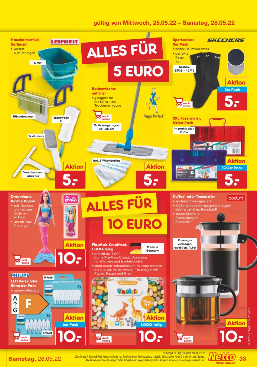 Aktueller Prospekt Netto Marken-Discount - Filial-Angebote - von 23.05 bis 28.05.2022 - strona 33 - produkty: angebot, arla, arla skyr, Barbie, Bau, Becher, Behälter, bestpreis, bodenwischer, bürste, diadem, eimer, eis, fasermaler, Germ, kaffee, kaffeebereiter, kerze, koffer, Kreativset, mais, papier, Puppe, Reinigung, reis, Skyr, socken, Sport, sportsocken, spülmaschinen, staubwedel, tee, Teebereiter, telefon, Ti, Tiere, tisch, Trockner, wasser, wedel, Wild, ZTE