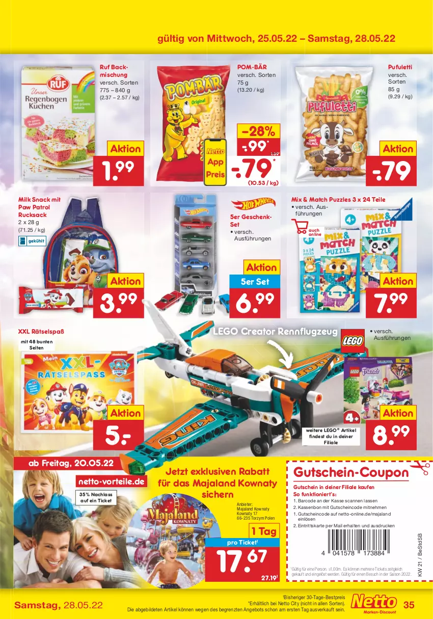 Aktueller Prospekt Netto Marken-Discount - Filial-Angebote - von 23.05 bis 28.05.2022 - strona 35 - produkty: angebot, backmischung, bestpreis, coupon, eis, erde, geschenkset, gutschein, LEGO Creator, LEGO®, Paw Patrol, pom-bär, Puzzle, reis, rucksack, sac, snack, Ti, ZTE