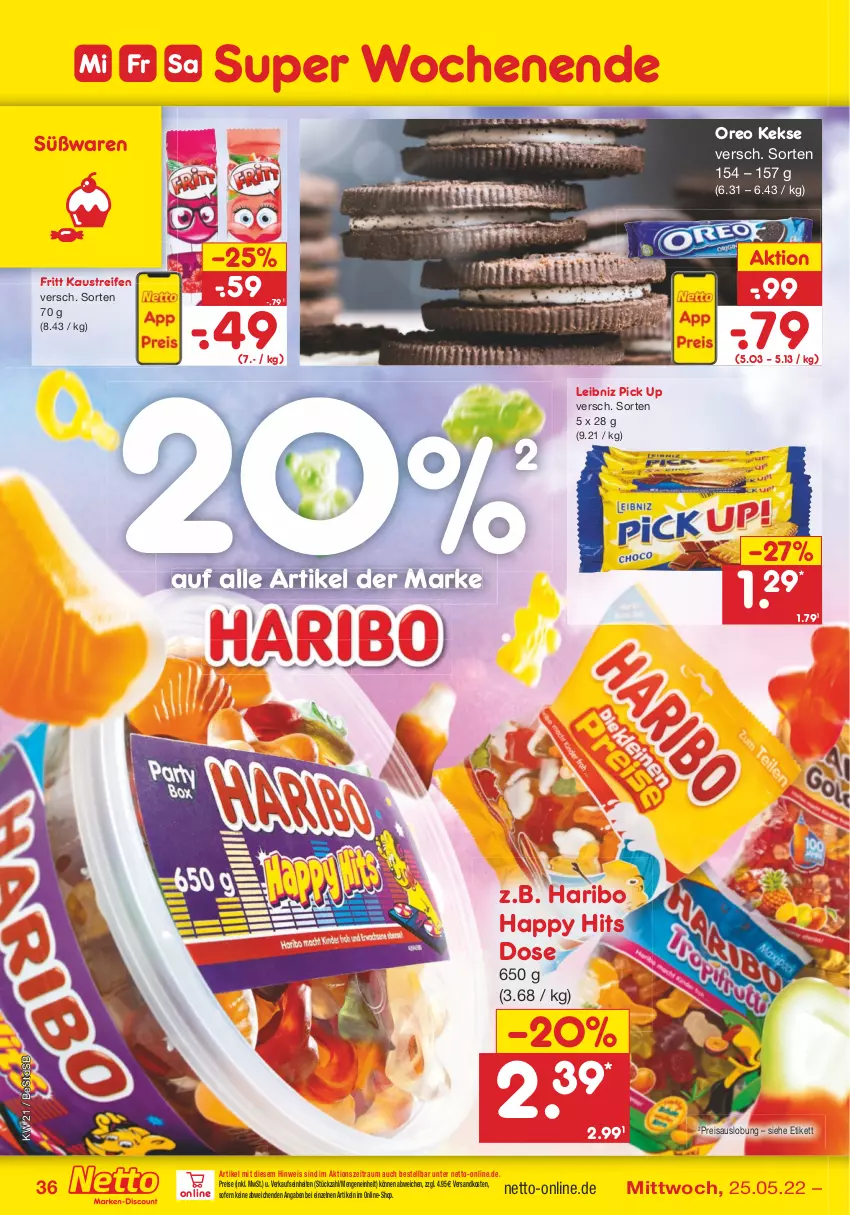 Aktueller Prospekt Netto Marken-Discount - Filial-Angebote - von 23.05 bis 28.05.2022 - strona 36 - produkty: aust, eis, haribo, Kaustreifen, keks, kekse, leibniz, ndk, oreo, reifen, reis, Ti