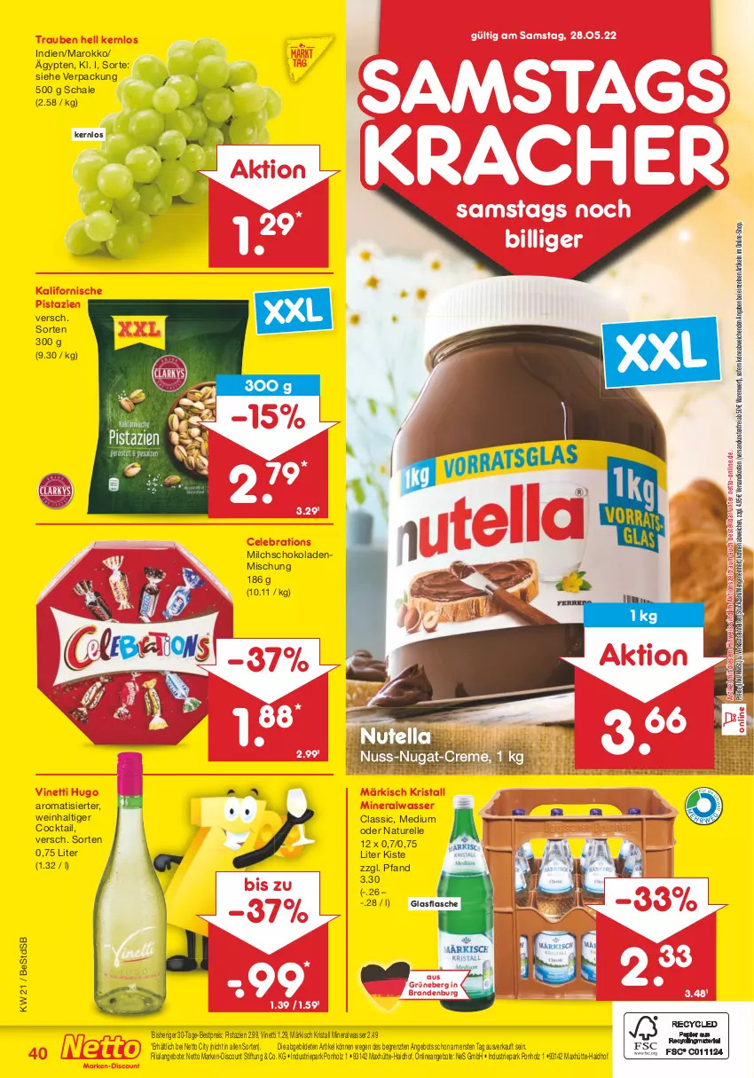 Aktueller Prospekt Netto Marken-Discount - Filial-Angebote - von 23.05 bis 28.05.2022 - strona 40 - produkty: Alwa, angebot, angebote, bestpreis, cocktail, creme, discount, eis, elle, flasche, glasflasche, Holz, hugo, kracher, marken-discount, milch, mineralwasser, natur, ndk, nuss, nuss-nugat-creme, nutella, pistazien, reis, rel, Schal, Schale, schoko, schokolade, schokoladen, Ti, trauben, versandkostenfrei, wasser, wein, ZTE