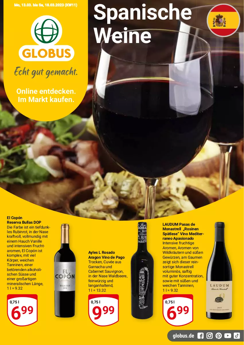 Aktueller Prospekt Globus - Prospekte - von 13.03 bis 18.03.2023 - strona 1 - produkty: alkohol, beere, cabernet, cabernet sauvignon, cuvée, frucht, gewürz, kraft, kräuter, kräutern, Pago, rel, Rubin, saft, sauvignon, Ti, vanille, wein, weine, Wild