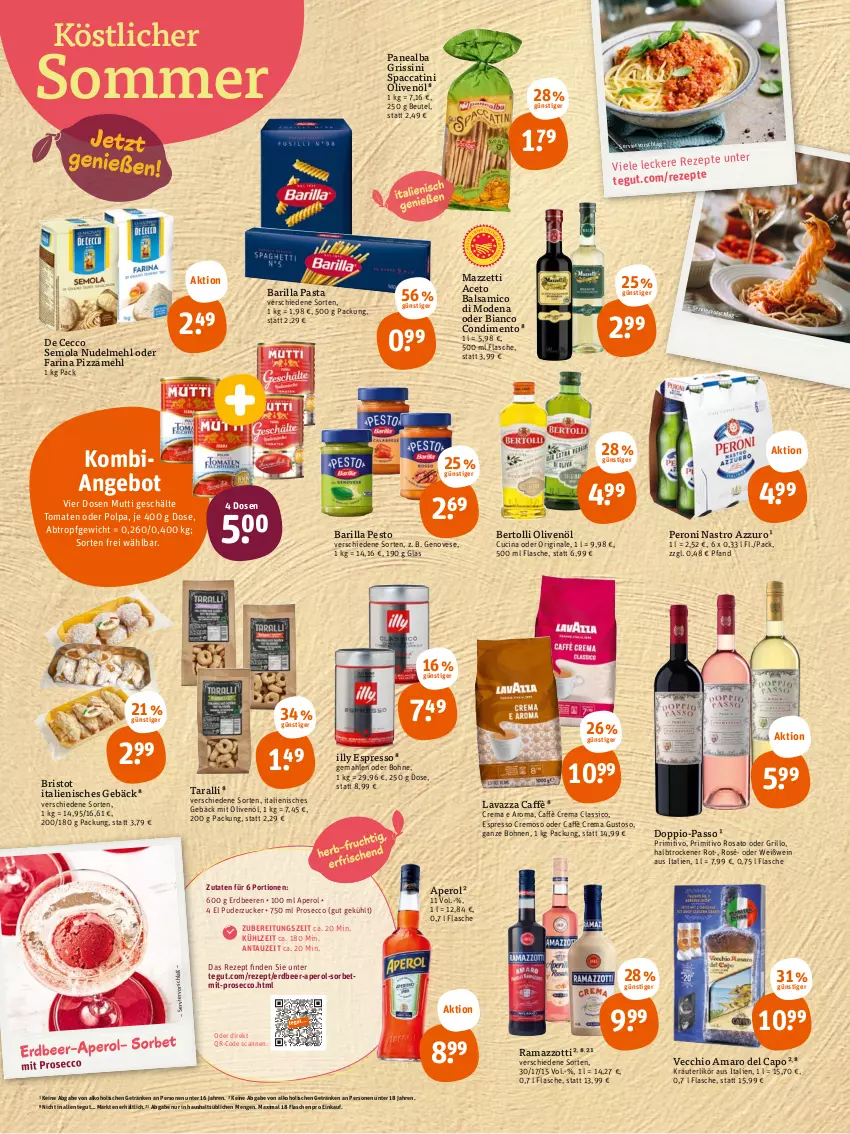 Aktueller Prospekt Tegut - Angebote der Woche - von 12.06 bis 17.06.2023 - strona 2 - produkty: ACC, aceto, aceto balsamico, alkohol, amaro, Amaro del Capo, angebot, aperol, balsam, balsamico, barilla, beere, beeren, bertolli, beutel, bohne, bohnen, caffè crema, Cap, cin, classico, condimento, De Cecco, ecco, erdbeere, erdbeeren, espresso, flasche, genovese, getränk, getränke, gin, grill, grillo, grissini, kräuter, kräuterlikör, lavazza, likör, mehl, Mode, Mutti, nudel, olive, oliven, olivenöl, passo, pasta, Peroni, pesto, pizza, Pizzamehl, primitivo, prosecco, rama, ramazzott, ramazzotti, rezept, rosato, Sorbet, Ti, tomate, tomaten, wein, Weißwein, zott, ZTE, zucker