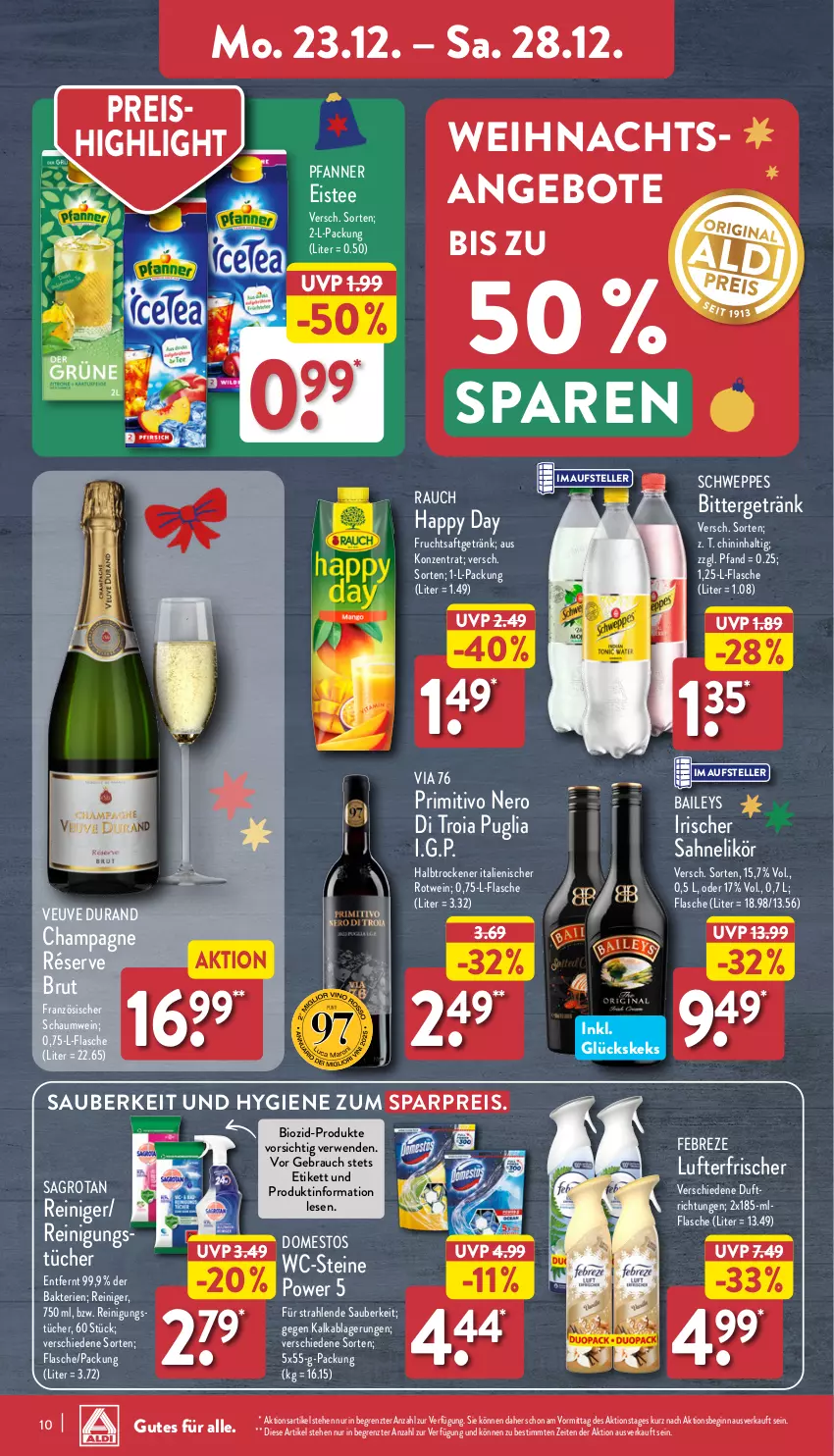 Aktueller Prospekt Aldi Nord - Von Montag - von 23.12 bis 28.12.2024 - strona 10 - produkty: angebot, angebote, baileys, bio, brut, champagne, domestos, eis, eistee, elle, febreze, flasche, frucht, fruchtsaft, fruchtsaftgetränk, getränk, gin, Happy Day, keks, likör, lufterfrischer, nero, pfanne, Pfanner, primitivo, Rauch, reiniger, Reinigung, reis, rotwein, rwe, saft, sagrotan, sahne, schweppes, tee, teller, Ti, tücher, wein, ZTE