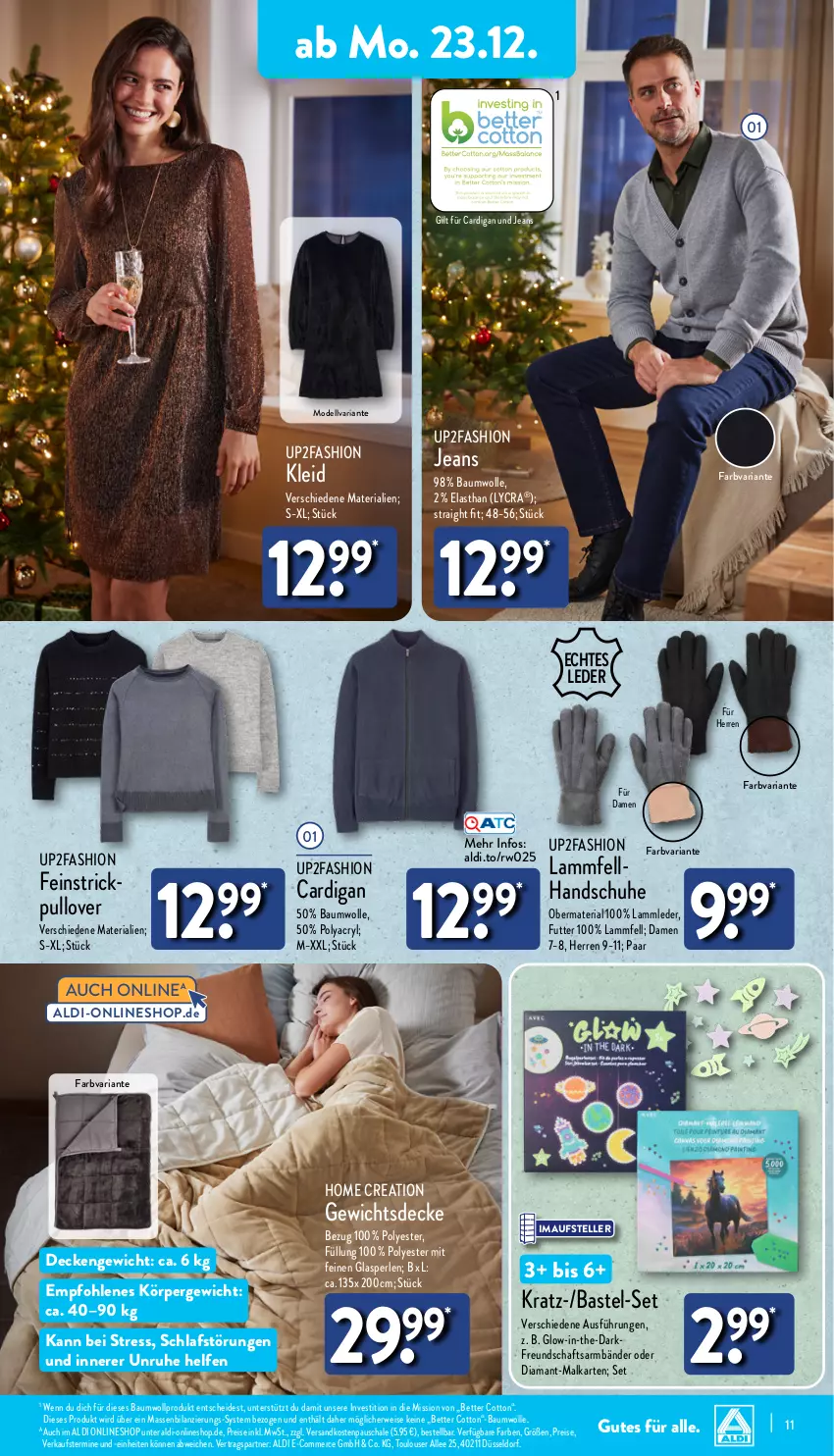 Aktueller Prospekt Aldi Nord - Von Montag - von 23.12 bis 28.12.2024 - strona 11 - produkty: aldi, Bau, baumwolle, bett, Cardigan, decke, dell, eis, elle, handschuhe, jeans, kleid, lamm, Lammfell, Mode, ndk, perlen, Pullover, reis, Ria, rwe, Schal, Schale, schuhe, teller, Ti, up2fashion, wolle