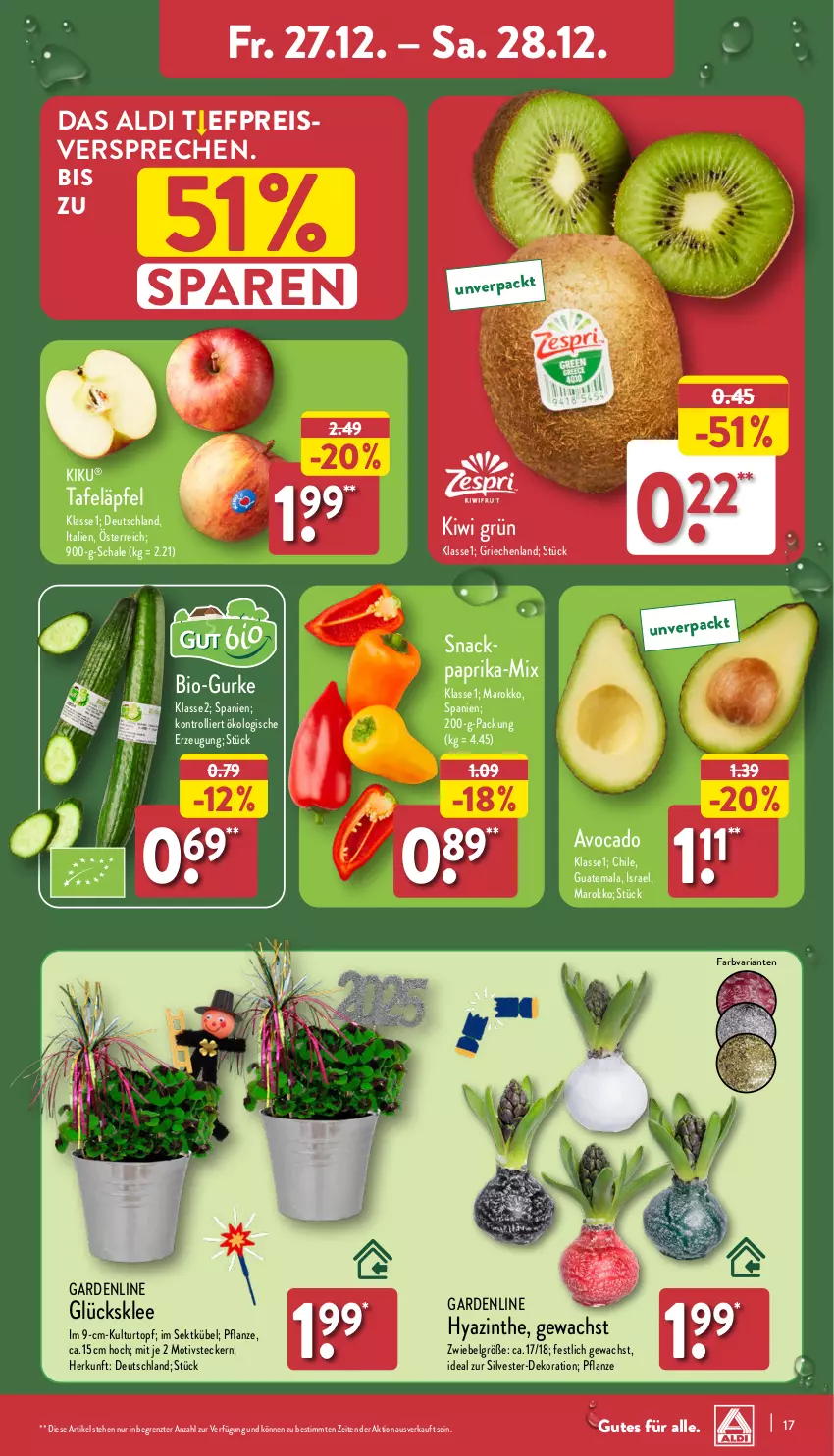 Aktueller Prospekt Aldi Nord - Von Montag - von 23.12 bis 28.12.2024 - strona 17 - produkty: aldi, avocado, bio, dekoration, eis, glücksklee, gurke, kiwi, kulturtopf, LG, paprika, pflanze, reis, Ria, Schal, Schale, sekt, snack, tafeläpfel, Ti, topf, trolli, ZTE, zwiebel