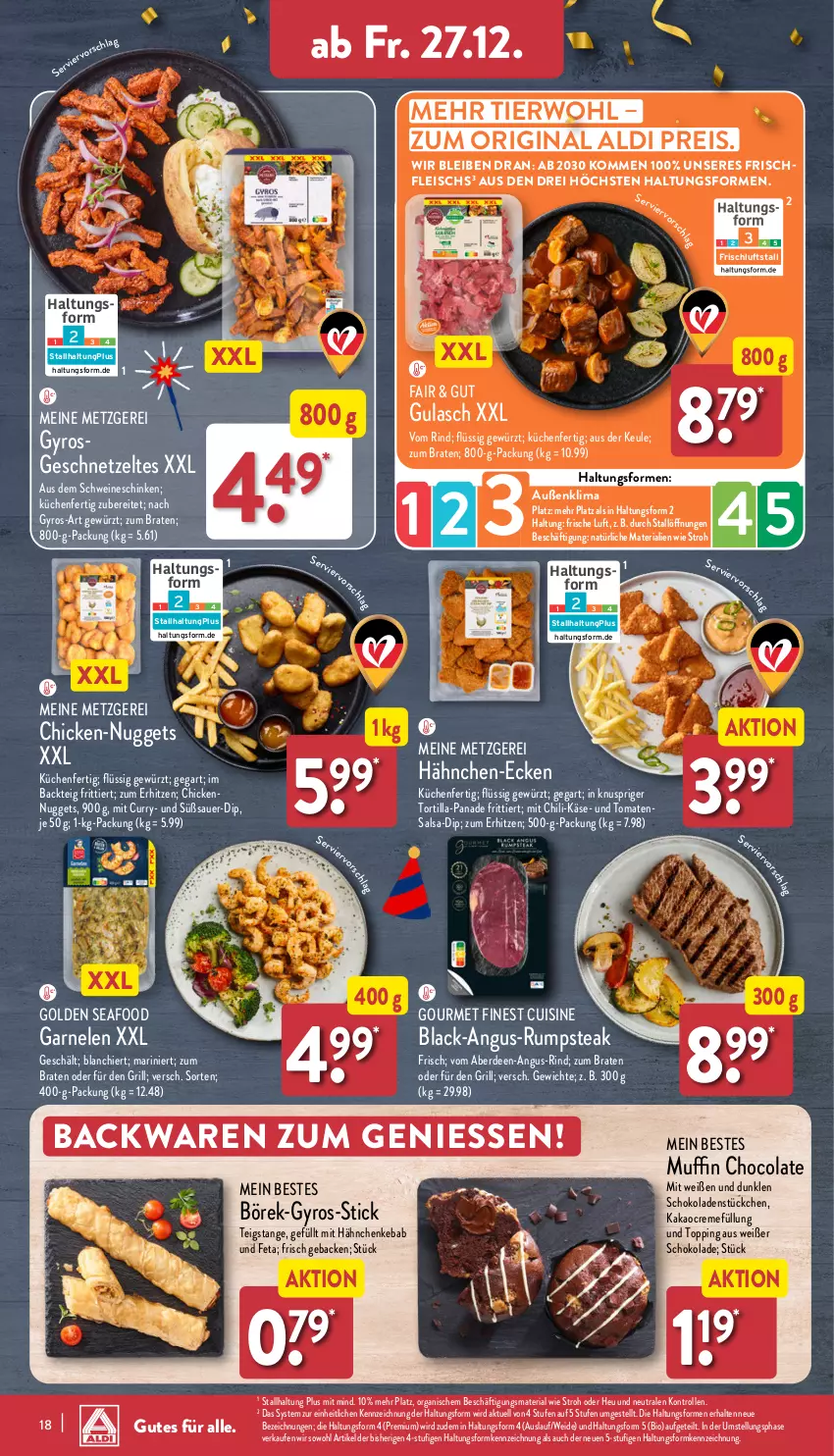 Aktueller Prospekt Aldi Nord - Von Montag - von 23.12 bis 28.12.2024 - strona 18 - produkty: aldi, auer, backwaren, bio, braten, chili, cola, creme, curry, dip, eis, erde, feta, fleisch, garnelen, geback, geschnetzeltes, gewürz, gin, grill, gulasch, gyros, Heu, kakao, Käse, küche, Küchen, lack, Muffin, nuggets, reis, Ria, rind, rum, rumpsteak, Salsa, schinken, schoko, schokolade, schokoladen, schwein, schweine, steak, Ti, tomate, tomaten, tortilla, wein, weine, Zelt