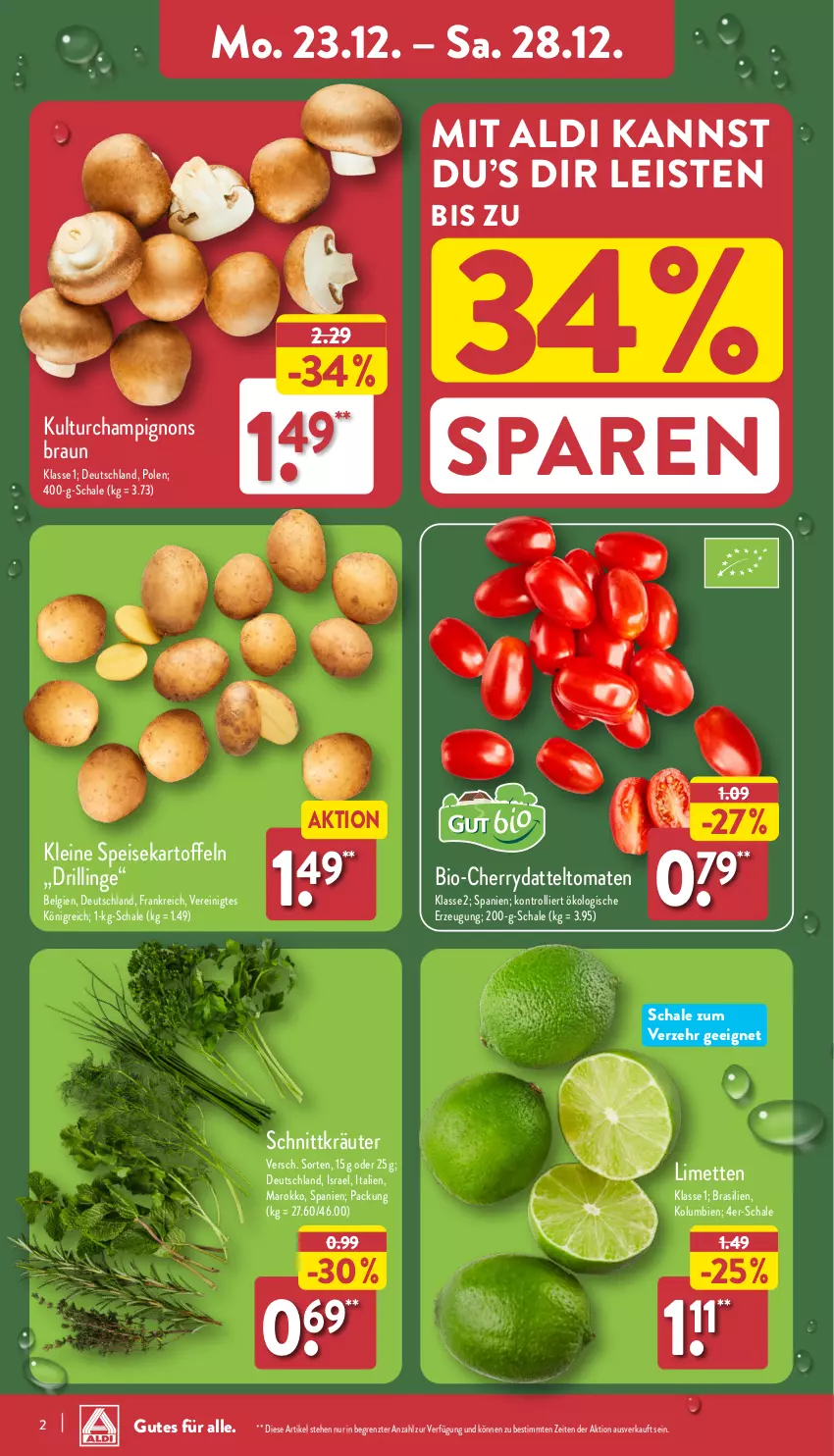 Aktueller Prospekt Aldi Nord - Von Montag - von 23.12 bis 28.12.2024 - strona 2 - produkty: aldi, bio, braun, champignon, champignons, champignons braun, datteltomaten, eis, kartoffel, kartoffeln, kräuter, leine, LG, limette, limetten, Mett, metten, Schal, Schale, speisekartoffeln, Ti, tomate, tomaten, trolli, ZTE