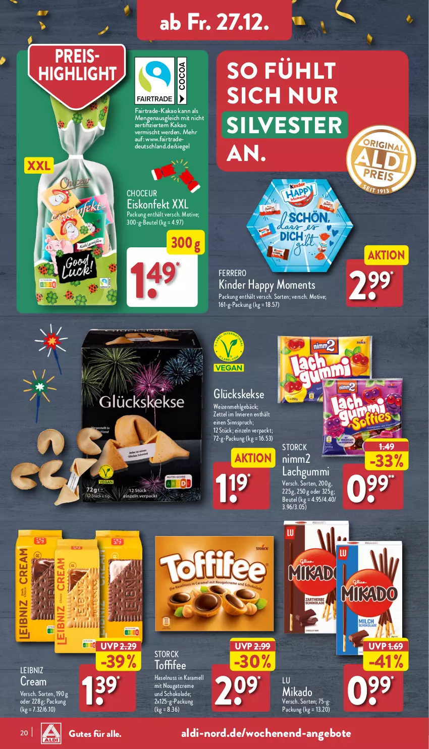 Aktueller Prospekt Aldi Nord - Von Montag - von 23.12 bis 28.12.2024 - strona 20 - produkty: aldi, angebot, angebote, beutel, creme, eis, eiskonfekt, erde, ferrero, haselnuss, kakao, karamell, keks, kekse, Kinder, lachgummi, leibniz, LG, mehl, mikado, nimm2, Nougatcreme, nuss, reis, schoko, schokolade, storck, Ti, toffifee, weizenmehl