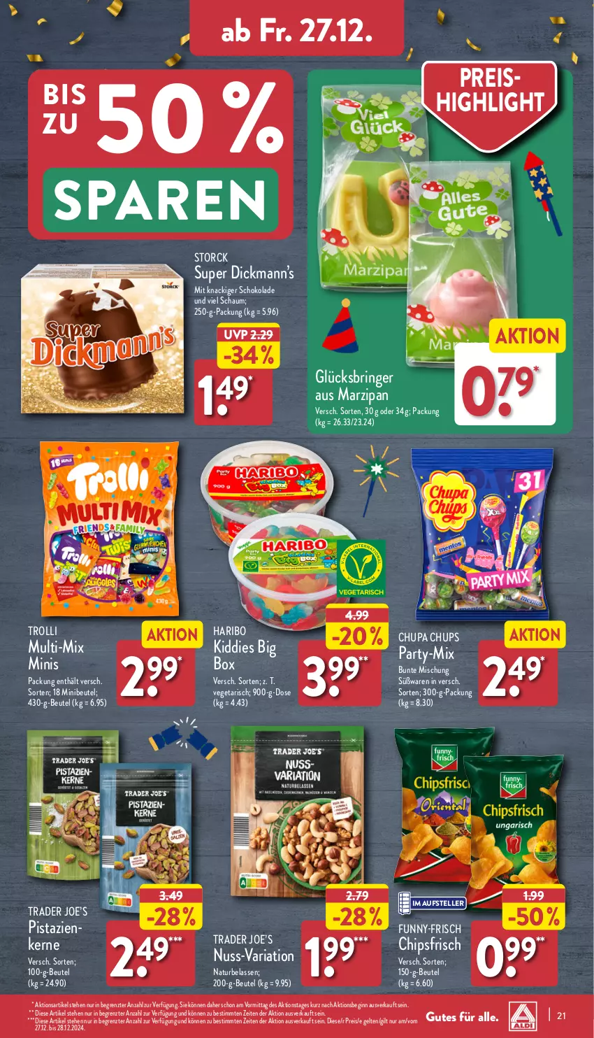 Aktueller Prospekt Aldi Nord - Von Montag - von 23.12 bis 28.12.2024 - strona 21 - produkty: beutel, chips, chipsfrisch, chupa, chupa chups, eis, elle, funny-frisch, gin, haribo, marzipan, natur, nuss, pistazien, reis, Ria, ring, schoko, schokolade, storck, teller, Ti, trolli, Vegeta, ZTE