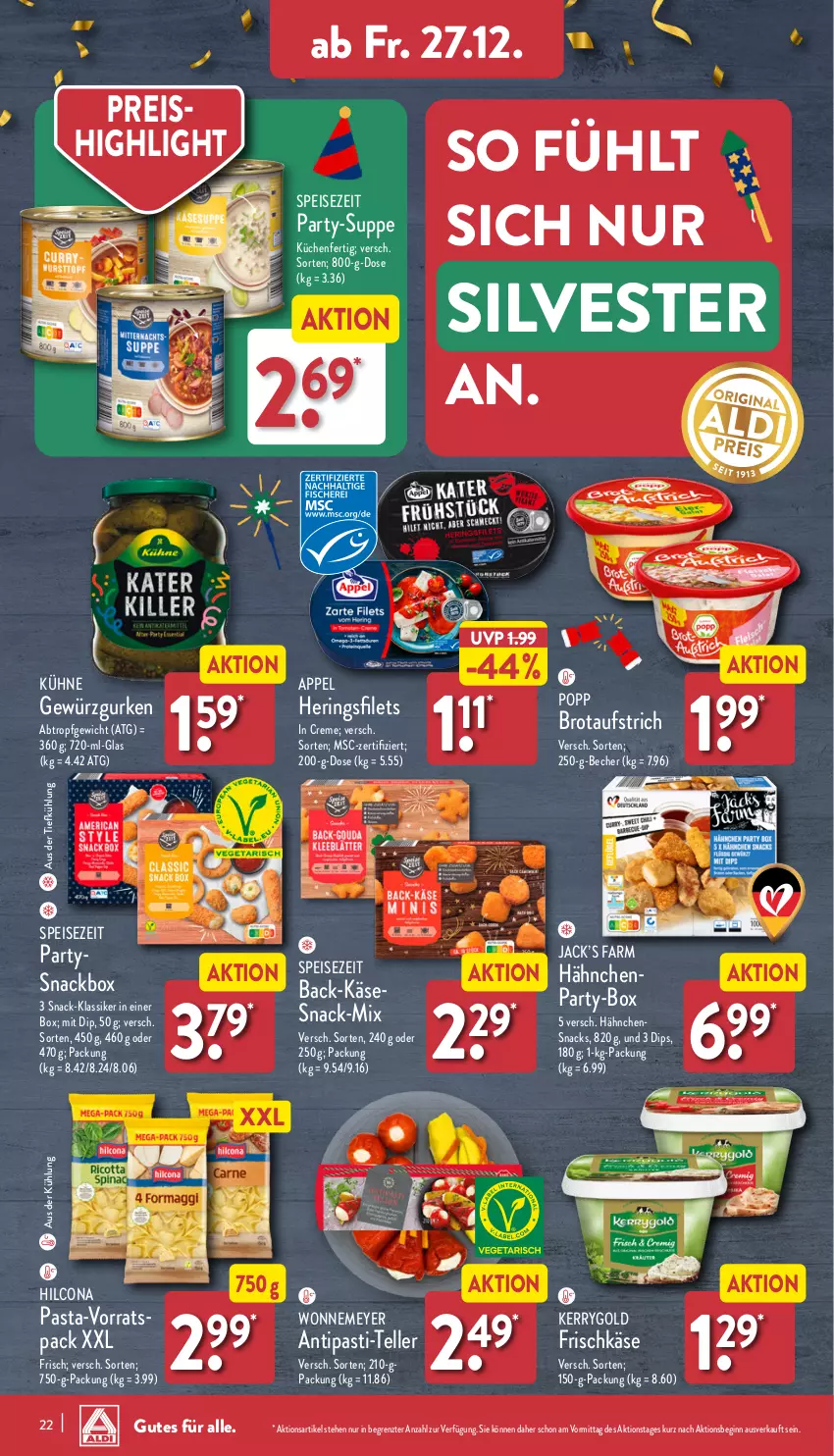 Aktueller Prospekt Aldi Nord - Von Montag - von 23.12 bis 28.12.2024 - strona 22 - produkty: antipasti, asti, aufstrich, aus der tiefkühlung, Becher, brot, brotaufstrich, creme, dip, eis, elle, filet, filets, frischkäse, gewürz, Gewürzgurke, gewürzgurken, gin, gurke, gurken, hering, Herings, heringsfilets, Heringsfilets in Creme, hilcona, Käse, kerrygold, küche, Küchen, Kühne, pasta, Popp, reis, ring, snack, snacks, suppe, teller, Ti, ZTE