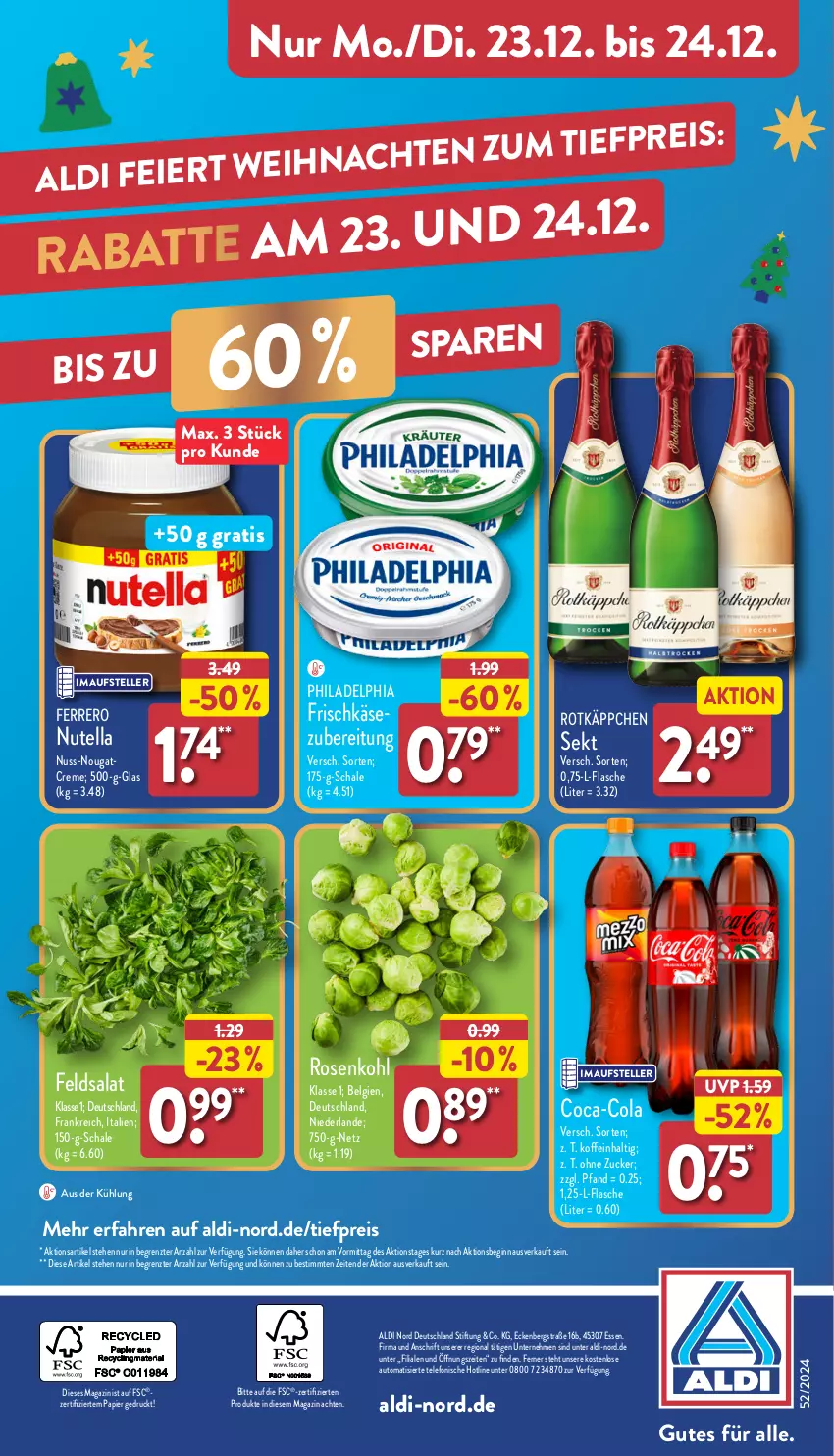 Aktueller Prospekt Aldi Nord - Von Montag - von 23.12 bis 28.12.2024 - strona 28 - produkty: aldi, auto, cola, creme, eier, eis, elle, feldsalat, ferrero, flasche, frischkäse, gin, Käse, LG, magazin, nuss, nutella, papier, philadelphia, reis, rosen, Rosenkohl, rotkäppchen, salat, Schal, Schale, sekt, telefon, teller, Ti, tiefpreis, ZTE, zucker