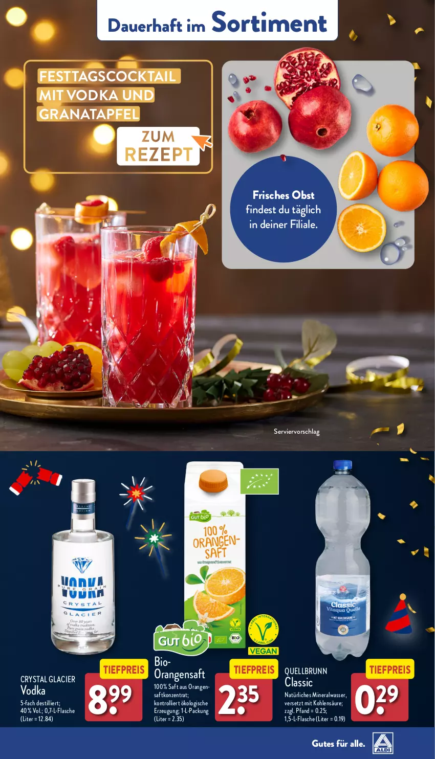 Aktueller Prospekt Aldi Nord - Von Montag - von 23.12 bis 28.12.2024 - strona 30 - produkty: Alwa, apfel, auer, bio, cocktail, eis, flasche, grana, granatapfel, mineralwasser, natürliches mineralwasser, obst, orange, orangen, orangensaft, Quellbrunn, Rana, reis, rezept, saft, Ti, tiefpreis, trolli, vodka, wasser