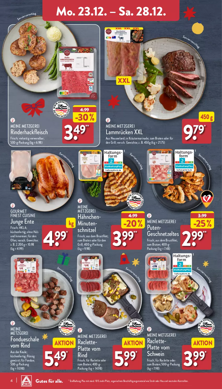 Aktueller Prospekt Aldi Nord - Von Montag - von 23.12 bis 28.12.2024 - strona 4 - produkty: braten, brustfilet, eis, Elan, ente, filet, fleisch, Fondue, geschnetzeltes, gewürz, grill, hackfleisch, Heu, kräuter, küche, Küchen, lamm, Lammrücken, latte, marinade, Ofen, pute, Ria, rind, rinder, rinderhackfleisch, rwe, Schal, Schale, schnitzel, schwein, Ti, wein, Zelt