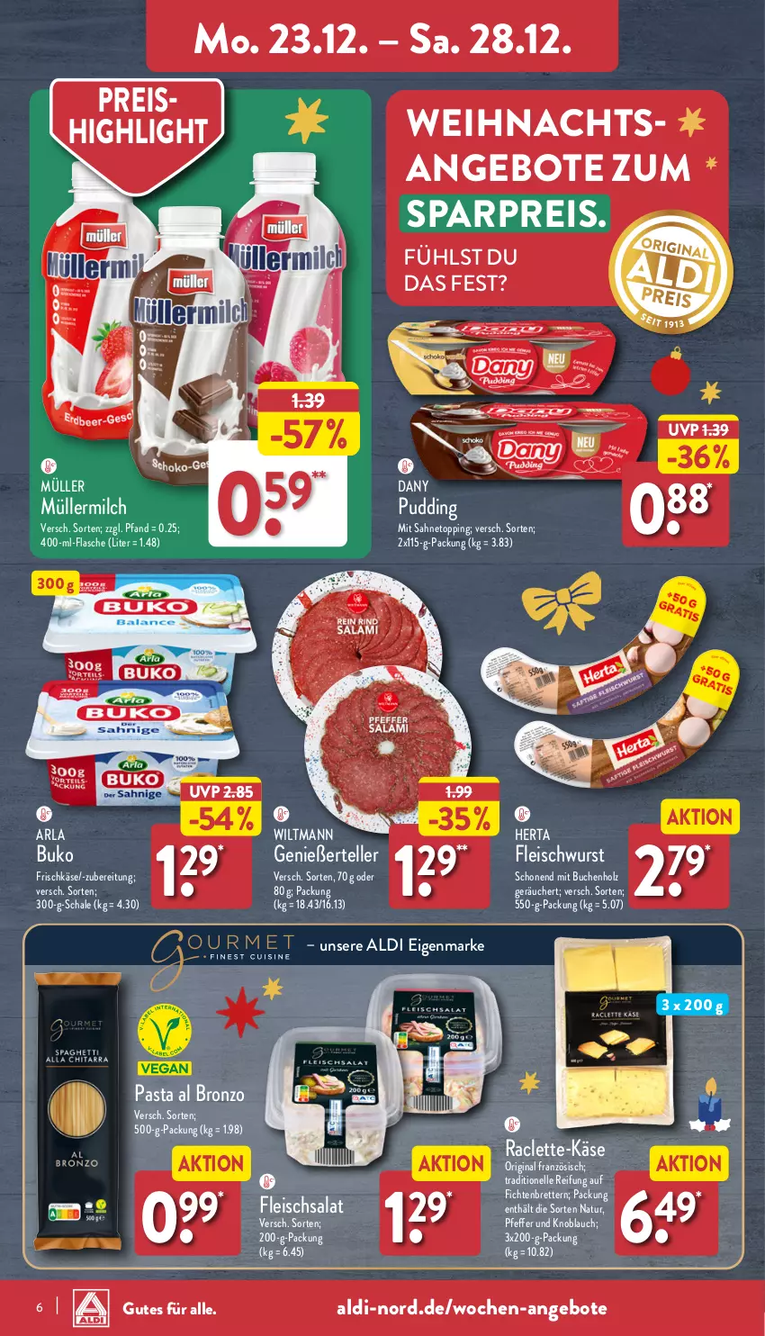 Aktueller Prospekt Aldi Nord - Von Montag - von 23.12 bis 28.12.2024 - strona 6 - produkty: aldi, angebot, angebote, arla, arla buko, buch, Buko, Dany, eis, elle, flasche, fleisch, fleischsalat, fleischwurst, frischkäse, gin, herta, Holz, Käse, knoblauch, milch, Müller, müllermilch, natur, pasta, pfeffer, pudding, reis, sahne, salat, Schal, Schale, teller, Ti, wiltmann, wurst