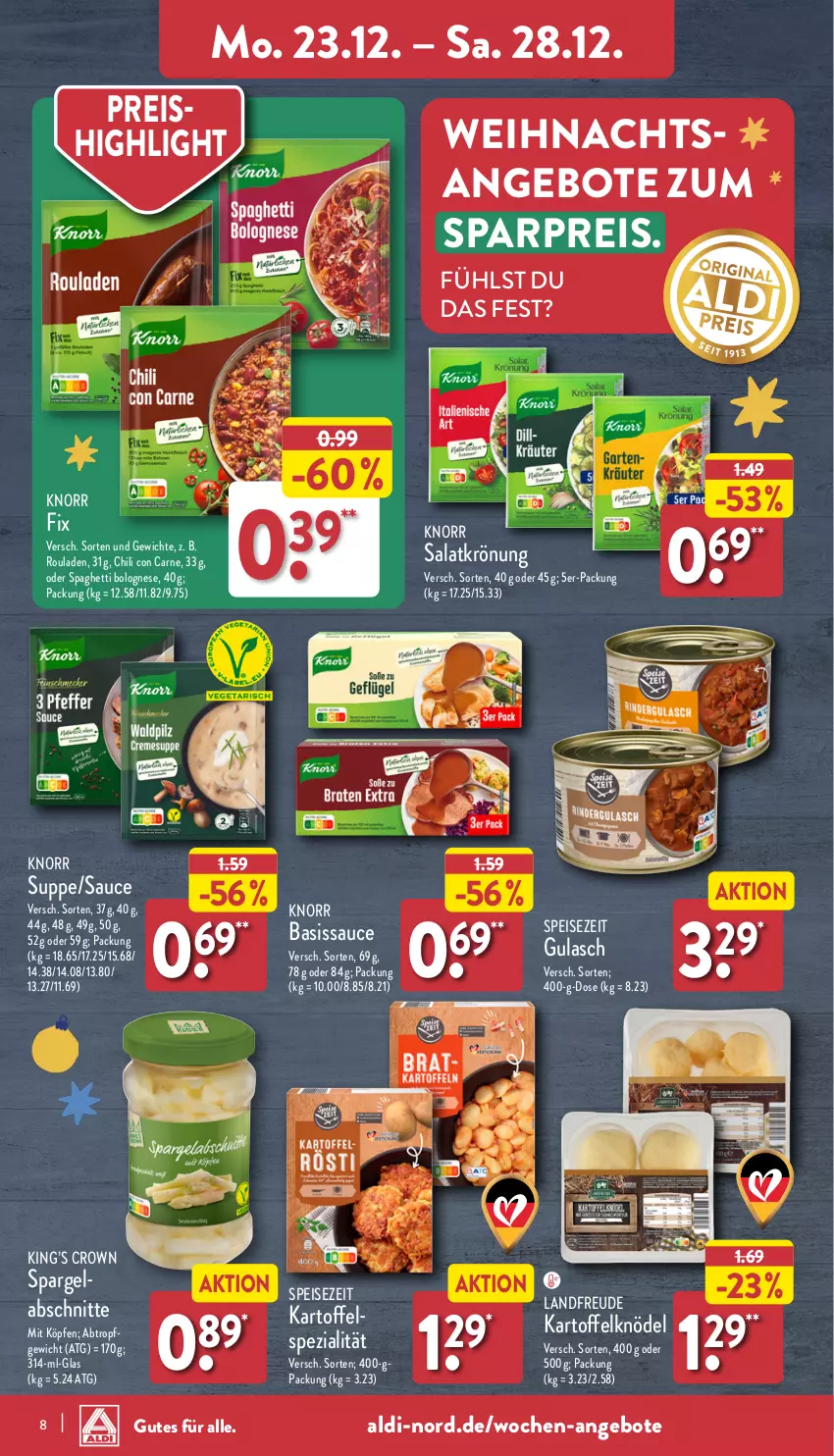 Aktueller Prospekt Aldi Nord - Von Montag - von 23.12 bis 28.12.2024 - strona 8 - produkty: aldi, angebot, angebote, bolognese, chili, eis, gulasch, kartoffel, Kartoffelknödel, Knödel, knorr, knorr fix, reis, rouladen, salat, salatkrönung, sauce, spaghetti, spaghetti bolognese, spargel, Spezi, suppe, Ti