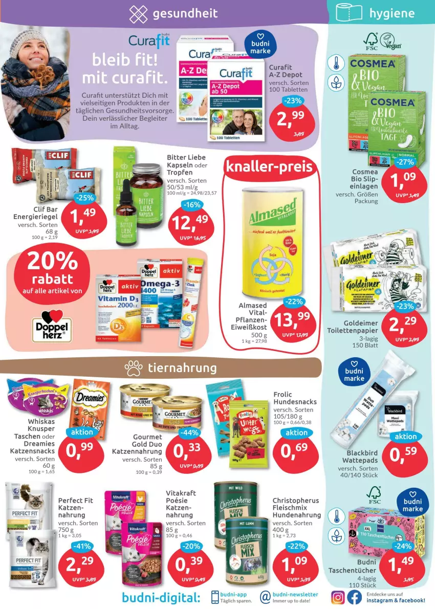 Aktueller Prospekt Budni - Prospekte - von 14.02 bis 19.02.2022 - strona 5 - produkty: Almased, bio, Cif, cosmea, decke, dreamies, eis, fleisch, frolic, Gesundheit, hundenahrung, hundesnack, hundesnacks, katzennahrung, katzensnack, katzensnacks, kraft, lack, LG, papier, Perfect Fit, riegel, slip, snack, snacks, tablet, tablett, Tablette, Tasche, taschen, taschentücher, Ti, toilettenpapier, tücher, vita, vitakraft, Vitamin D, wattepads, whiskas