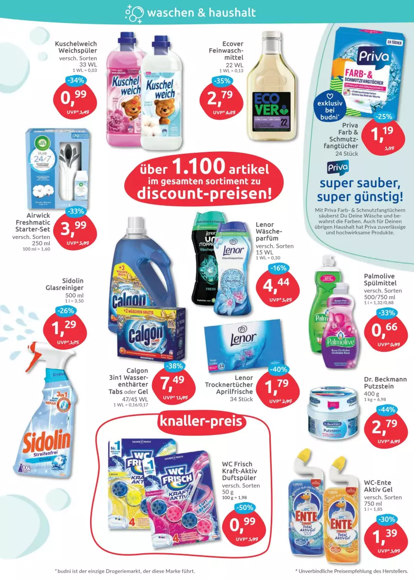 Aktueller Prospekt Budni - Prospekte - von 14.02 bis 19.02.2022 - strona 6 - produkty: airwick, aktiv gel, discount, Dr. Beckmann, eis, elle, ente, Fangtücher, Glasreiniger, kraft, Kuschelweich, lenor, olive, palmolive, pril, reiniger, reis, sidolin, spülmittel, teller, Ti, Trockner, tücher, wasser, wc frisch, weichspüler, WICK