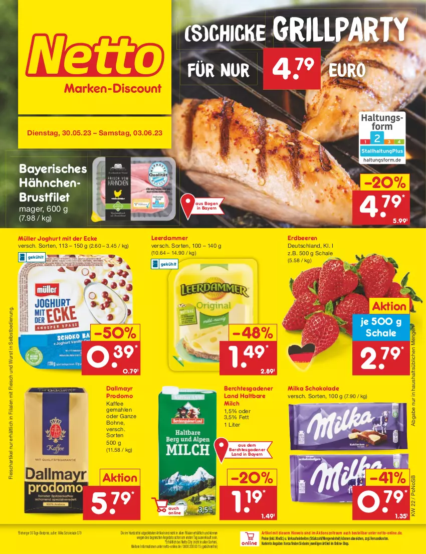 Aktueller Prospekt Netto Marken-Discount - Filial-Angebote - von 30.05 bis 03.06.2023 - strona 1 - produkty: angebot, beere, beeren, bestpreis, bohne, brustfilet, dallmayr, dallmayr prodomo, eis, erdbeere, erdbeeren, filet, fleisch, grill, hähnchenbrust, hähnchenbrustfilet, haltbare milch, joghur, joghurt, joghurt mit der ecke, kaffee, leerdammer, milch, milka, milka schokolade, Müller, ndk, prodomo, reis, Schal, Schale, schoko, schokolade, Ti, wurst, wurst in selbstbedienung, ZTE