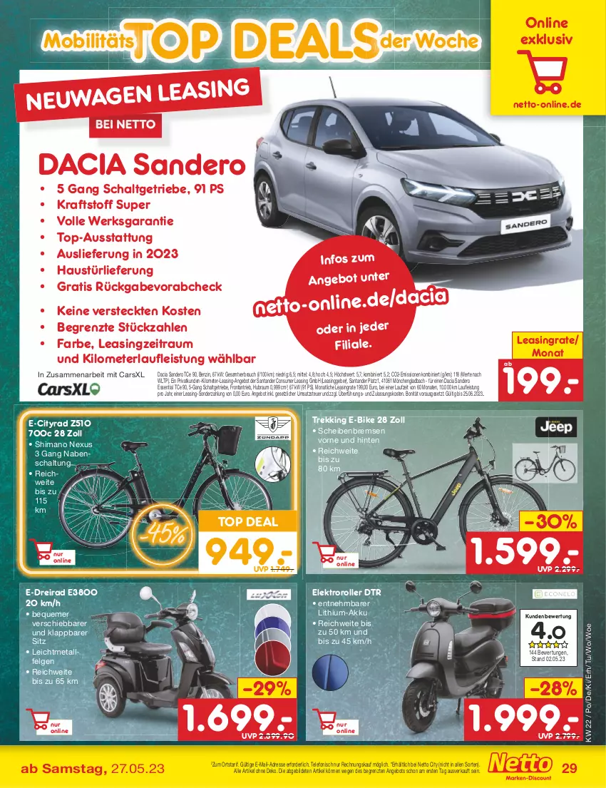 Aktueller Prospekt Netto Marken-Discount - Filial-Angebote - von 30.05 bis 03.06.2023 - strona 29 - produkty: akku, angebot, aust, Cars, Dreirad, E-Bike, eis, Elektro, Elektroroller, felgen, kraft, LG, nexus, Rauch, Roller, Schal, shimano, telefon, Ti, ZTE