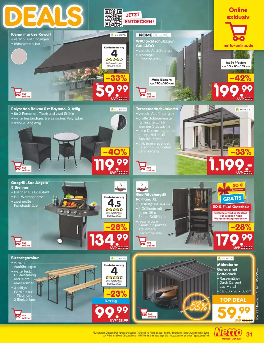 Aktueller Prospekt Netto Marken-Discount - Filial-Angebote - von 30.05 bis 03.06.2023 - strona 31 - produkty: angebot, asti, bier, Bierzeltgarnitur, Carport, decke, edelstahl, eis, elle, fenster, garnitur, gasgrill, grill, grillfläche, grillrost, gutschein, Kamin, Klemmmarkise, latte, Liege, mähroboter, rasen, rasenmäher, sattel, Spezi, Stühl, telefon, Ti, tisch, Zelt, ZTE