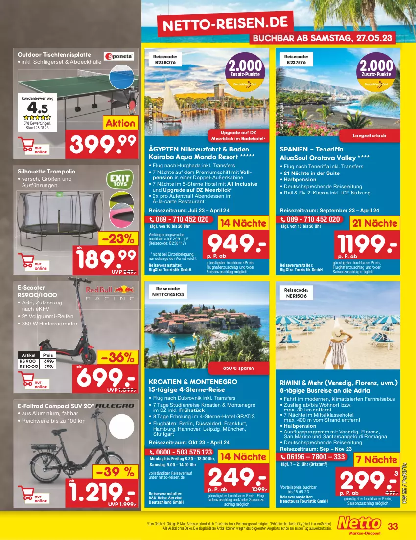 Aktueller Prospekt Netto Marken-Discount - Filial-Angebote - von 30.05 bis 03.06.2023 - strona 33 - produkty: angebot, aqua, Bad, buch, eis, gsw, latte, LG, lorenz, Mode, monte, pril, reifen, reis, reiseveranstalter, reiseverlauf, Ria, scooter, telefon, Ti, tisch, Trampolin, trendtours touristik gmbh, uhr, vorteilspreis, ZTE