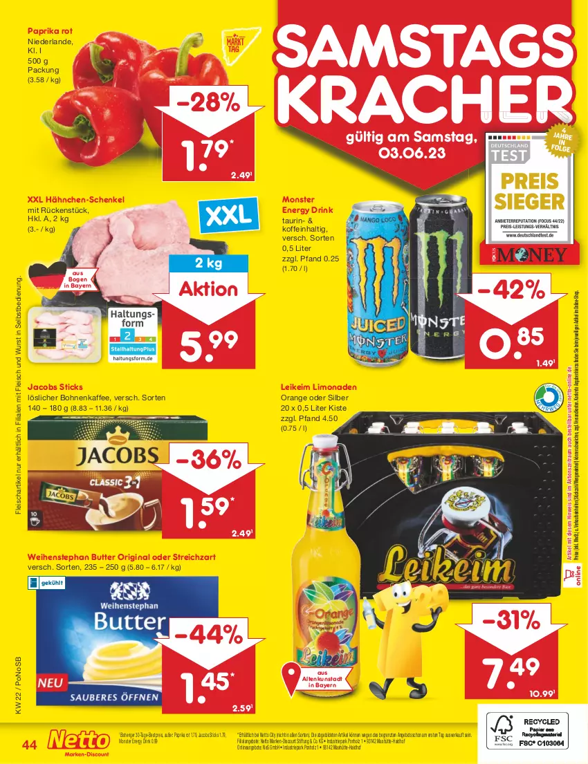 Aktueller Prospekt Netto Marken-Discount - Filial-Angebote - von 30.05 bis 03.06.2023 - strona 44 - produkty: angebot, angebote, bestpreis, bohne, bohnen, bohnenkaffee, butter, discount, drink, eis, energy drink, fleisch, gin, hähnchen-schenkel, henkel, Holz, jacobs, kaffee, kracher, limo, limonade, limonaden, löslicher bohnenkaffee, marken-discount, monster, Monster Energy, ndk, orange, paprika, paprika rot, reis, schenkel, Streichzart, Ti, weihenstephan, wurst, wurst in selbstbedienung, ZTE