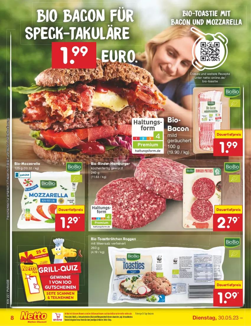 Aktueller Prospekt Netto Marken-Discount - Filial-Angebote - von 30.05 bis 03.06.2023 - strona 8 - produkty: asti, auer, bacon, bestpreis, bio, brötchen, burger, dauertiefpreis, eis, fleisch, gewürz, grill, gutschein, gutscheine, hamburger, küche, Küchen, meersalz, mozzarella, ndk, reis, rel, rezept, rezepte, rind, rinder, salz, Speck, Ti, tiefpreis, toast, wurst, wurst in selbstbedienung