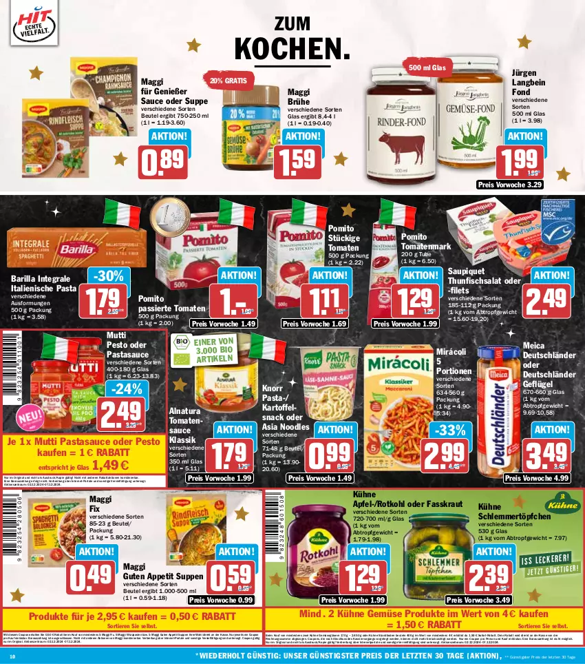 Aktueller Prospekt Hit - Wochenprospekt - von 02.12 bis 07.12.2024 - strona 10 - produkty: apfel, barilla, beutel, bio, Brei, Brühe, coupon, coupons, eis, erde, filet, filets, fisch, Geflügel, gin, Gläser, italienische pasta, kartoffel, knorr, knorr pasta, Kraut, Kühne, LG, maggi, maggi fix, meica, Mirácoli, Mutti, natur, natura, pasta, pesto, pomito, reis, rotkohl, salat, sauce, saupiquet, schlemmertöpfchen, snack, sofort-rabatt, suppe, suppen, thunfisch, Thunfischsalat, Ti, Tiere, tomate, tomaten, tomatenmark, tomatensauce, Töpfchen, ZTE