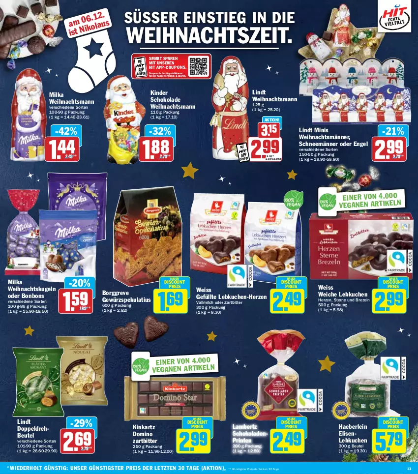 Aktueller Prospekt Hit - Wochenprospekt - von 02.12 bis 07.12.2024 - strona 13 - produkty: Amber, auer, beutel, bonbons, brezel, Brezeln, coupon, coupons, discount, eis, Engel, gewürz, Kinder, kinder schokolade, kuchen, Kugel, lambertz, Lebkuchen, lindt, milch, milka, reis, schoko, schokolade, schokoladen, Ti, vollmilch, Weihnachtskugeln, ZTE