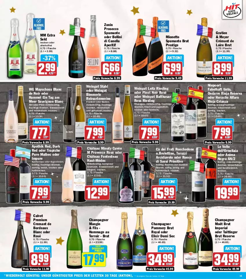 Aktueller Prospekt Hit - Wochenprospekt - von 02.12 bis 07.12.2024 - strona 15 - produkty: alkohol, aperitif, auer, Bad, beere, beeren, brut, champagne, champagner, crémant de loire, cuvée, dell, discount, ecco, eis, finesse, flasche, frucht, gin, leitz, merl, mionetto, mm extra, Pinot, pinot noir, primitivo, prosecco, puma, rebsortenweine, reis, Ria, riesling, rioja, saft, sauvignon, sauvignon blanc, sekt, spumante, Ti, wein, weine, zonin, ZTE