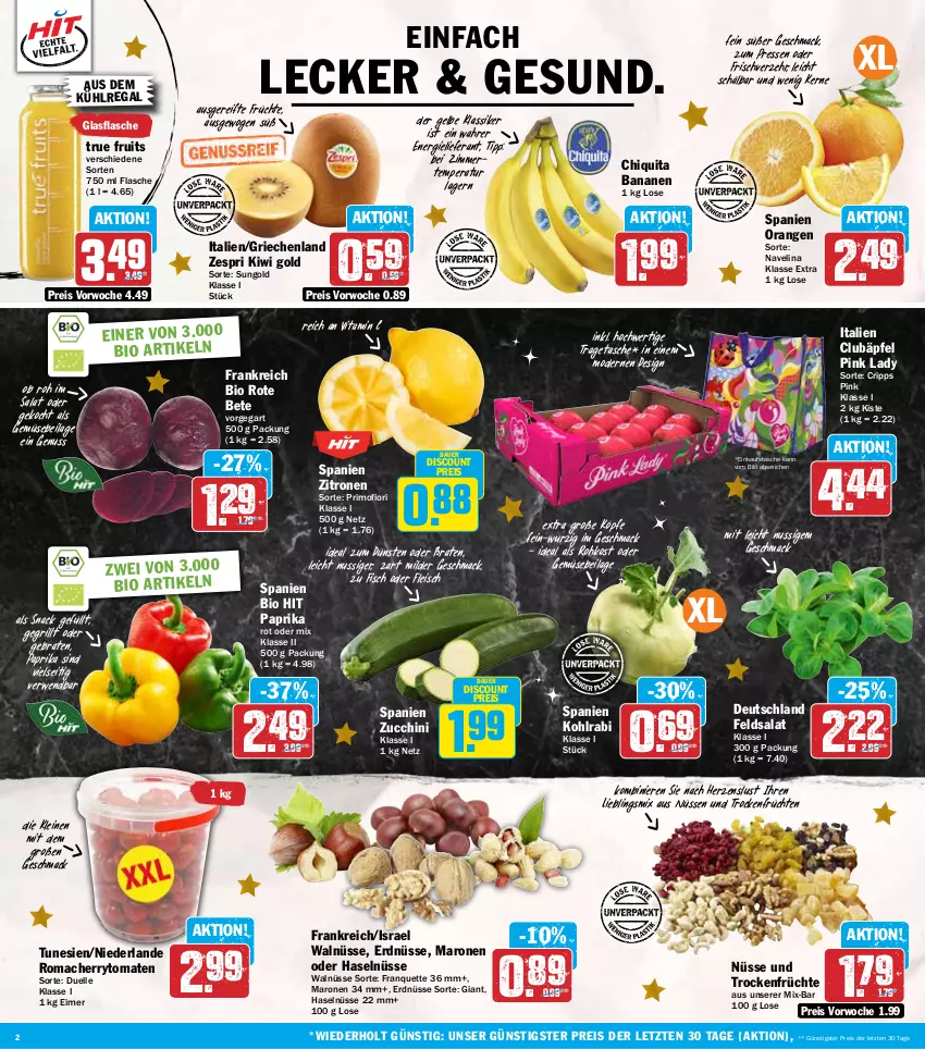 Aktueller Prospekt Hit - Wochenprospekt - von 02.12 bis 07.12.2024 - strona 2 - produkty: auer, aus dem kühlregal, banane, bananen, bio, bio hit, braten, cherrytomaten, chiquita, discount, eimer, Einkaufstasche, eis, elle, erdnüsse, feldsalat, fisch, flasche, fleisch, früchte, früchten, glasflasche, grill, ilag, kiwi, Kiwi Gold, kohlrabi, kühlregal, leine, mac, Mode, navelina, nuss, orange, orangen, paprika, Pink Lady, regal, reis, rote bete, rwe, salat, snack, Tasche, Ti, tomate, tomaten, tragetasche, Trockenfrüchte, true fruits, vita, Vitamin C, zespri, zitrone, zitronen, ZTE, zucchini