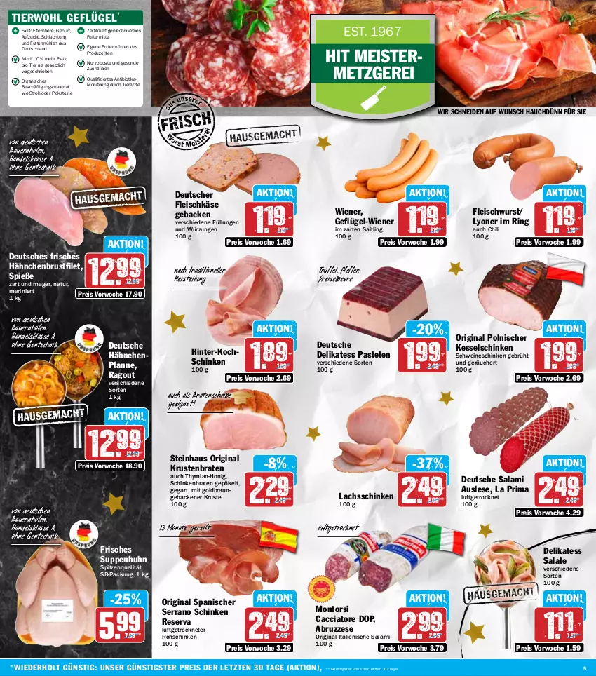 Aktueller Prospekt Hit - Wochenprospekt - von 02.12 bis 07.12.2024 - strona 5 - produkty: ACC, auer, Bau, Bauer, beere, bio, braten, braun, brustfilet, chili, eis, elle, ente, filet, fleisch, fleischkäse, fleischwurst, geback, Geflügel, gin, hähnchenbrust, hähnchenbrustfilet, honig, im zarten saitling, Käse, kochschinken, krustenbraten, lachs, lachsschinken, lyoner, Meister, monitor, montorsi, natur, pastete, pfanne, pfeffer, Ragout, reis, Ria, ring, rohschinken, salami, salat, salate, schinken, schinkenbraten, schwein, schweine, serrano, serrano schinken, spitzenqualität, steinhaus, suppe, suppen, Suppenhuhn, Ti, Tiere, Trüffel, wein, weine, wiener, wurst, Yo, ZTE