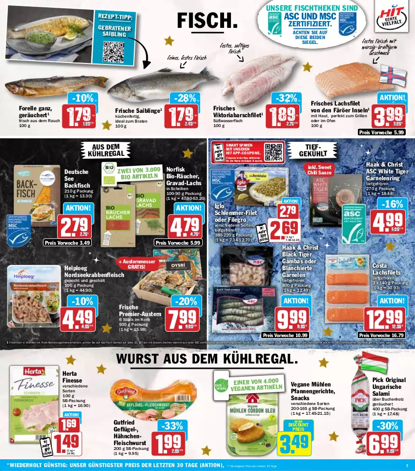 Aktueller Prospekt Hit - Wochenprospekt - von 02.12 bis 07.12.2024 - strona 7 - produkty: aqua, auer, aus dem kühlregal, aust, Austern, backfisch, bio, braten, buch, chili, coupon, coupons, discount, eis, elle, filegro, filet, filets, finesse, fisch, fische, Fischer, fischtheke, fleisch, fleischwurst, forelle, frischfisch, garnelen, Geflügel, gin, grill, gutfried, Hähnchenfleisch, herta, herta finesse, Holz, ideal zum braten, iglo, korb, küche, Küchen, kühlregal, lachs, lachsfilet, lachsfilets, lack, mac, messer, Nordsee, Ofen, pfanne, pfannen, Rauch, regal, reis, rel, Ria, ring, saft, Saibling, salami, sauce, Schere, schlemmer-filet, snack, snacks, Ti, Ungarische Salami, wasser, wurst, ZTE