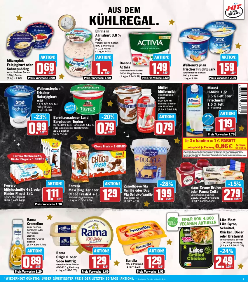 Aktueller Prospekt Hit - Wochenprospekt - von 02.12 bis 07.12.2024 - strona 9 - produkty: activia, almighur, almighurt, auer, aus dem kühlregal, Bau, Bauer, Becher, bio, bratwurst, Brei, choco fresh, coupon, creme, danone, danone activia, ehrmann, ehrmann almighurt, eis, feinjoghurt, ferrero, flasche, frucht, Fruchtquark, gin, gyros, joghur, joghurt, joghurt mild, Kinder, kinder pingui, kühlregal, Like Meat, milch, Milchschnitte, mövenpick, Müller, müllermilch, natur, naturjoghurt, panna cotta, pingui, pudding, quark, rama, rama cremefine, regal, reis, Ria, sahne, schnitzel, schoko, Ti, Tiere, topf, Topfen, vanille, weihenstephan, wurst, ZTE