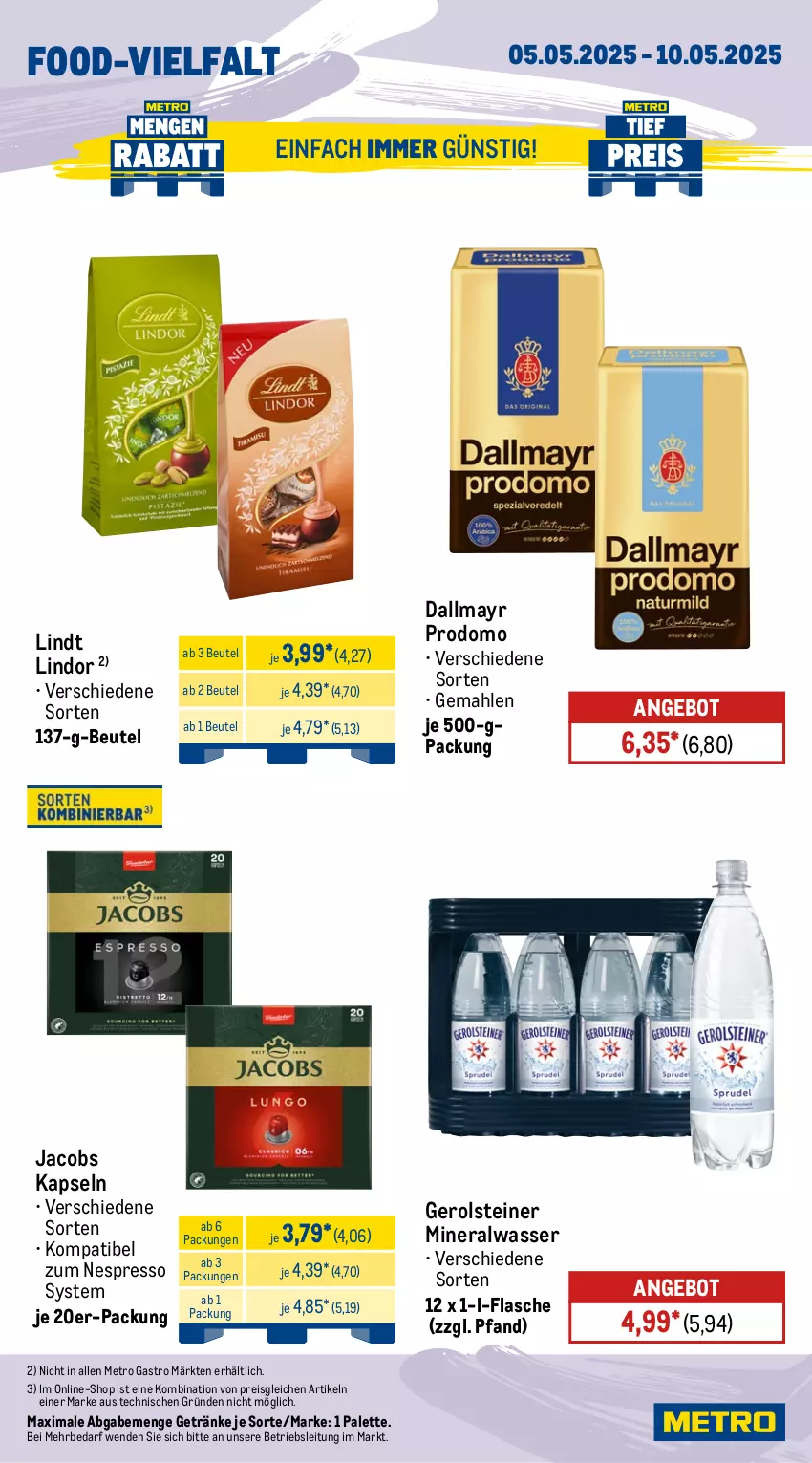 Aktueller Prospekt Metro - Wochen-Angebote - von 05.05 bis 10.05.2025 - strona 12 - produkty: Alwa, angebot, beutel, dallmayr, dallmayr prodomo, eis, espresso, flasche, gerolsteine, gerolsteiner, getränk, getränke, jacobs, lindor, lindt, Metro, metro gastro, mineralwasser, nespresso, Palette, prodomo, reis, steiner, Ti, wasser