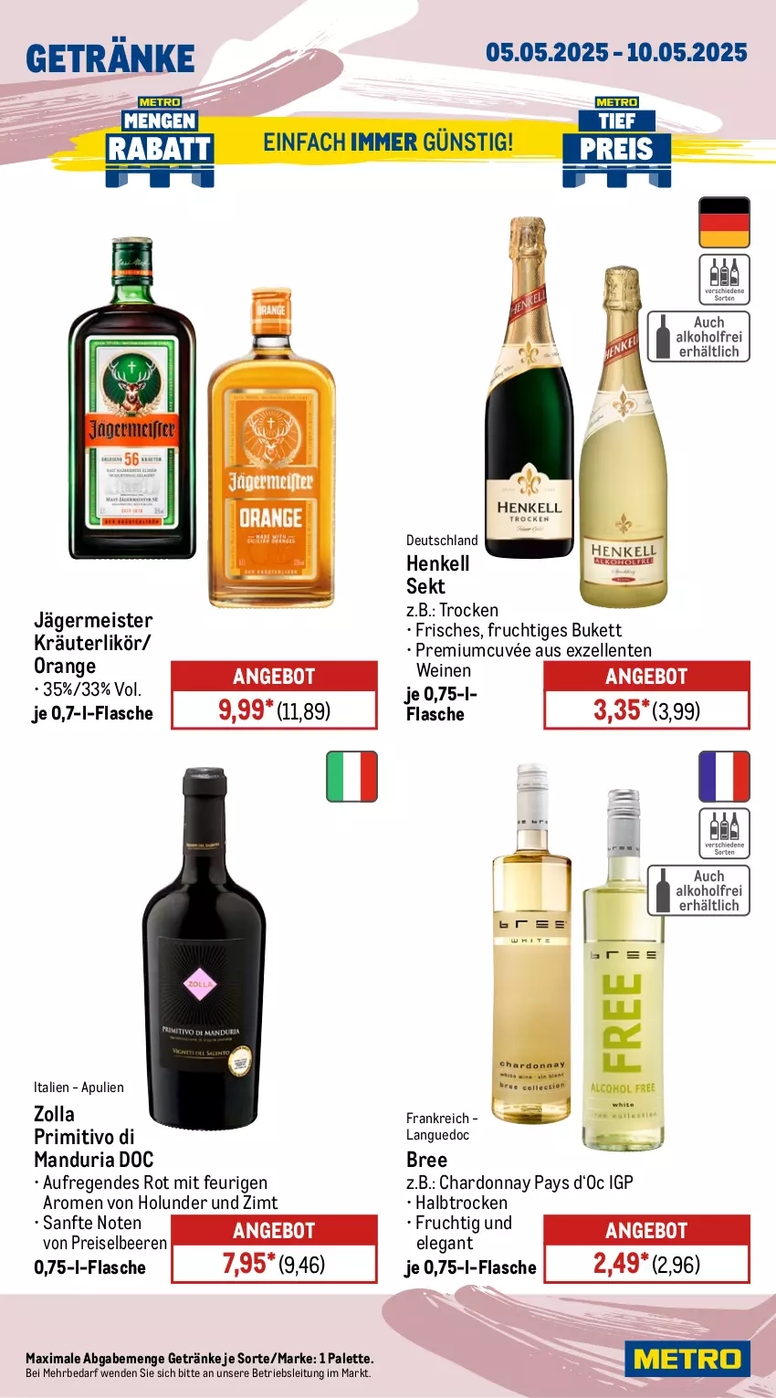 Aktueller Prospekt Metro - Wochen-Angebote - von 05.05 bis 10.05.2025 - strona 14 - produkty: angebot, beere, beeren, bree, chardonnay, cuvée, eis, elle, ente, flasche, frucht, Germ, getränk, getränke, henkel, henkell, henkell sekt, holunder, jägermeister, kräuter, kräuterlikör, likör, Meister, orange, Palette, primitivo, reis, Ria, sekt, Ti, wein, weine