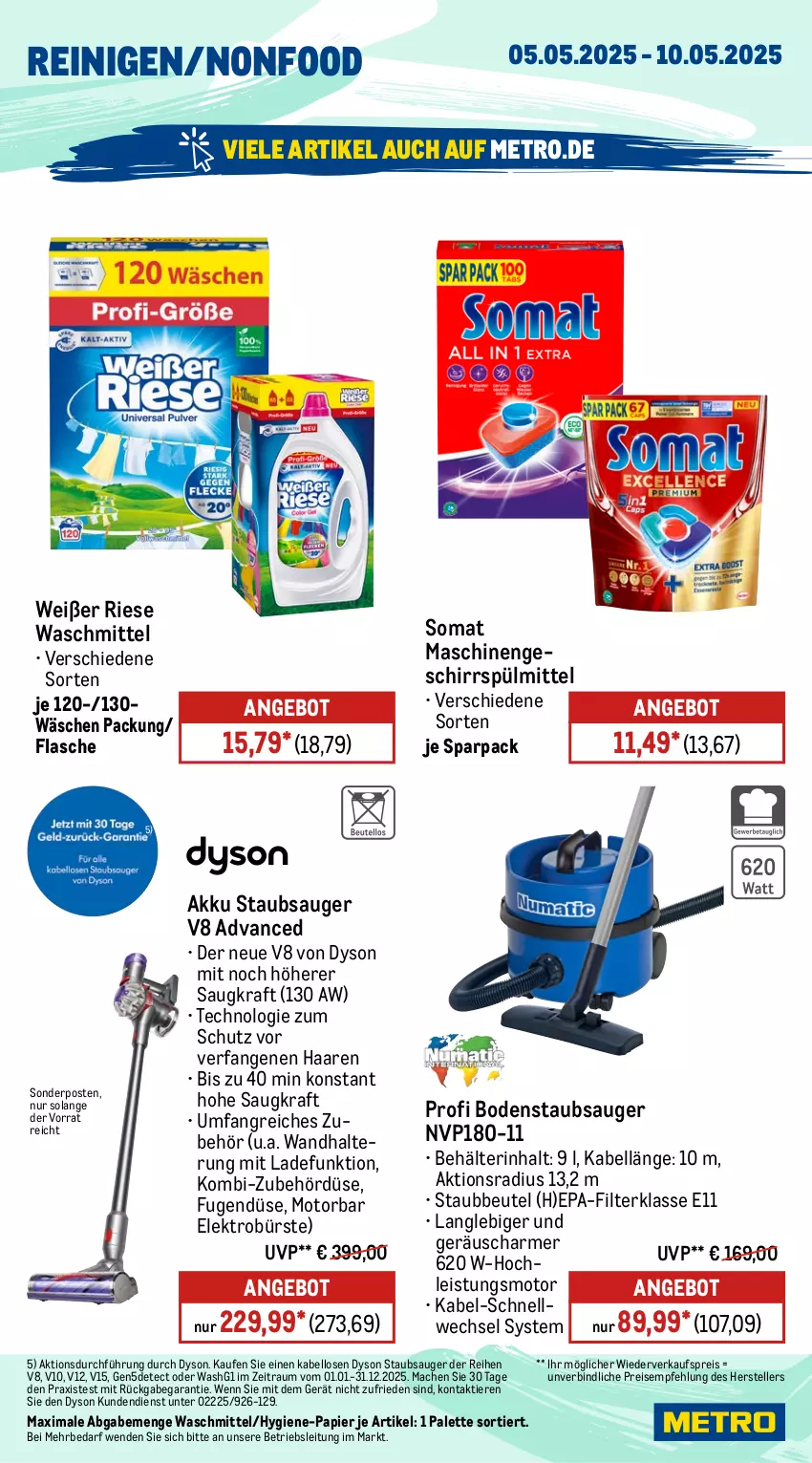 Aktueller Prospekt Metro - Wochen-Angebote - von 05.05 bis 10.05.2025 - strona 15 - produkty: akku, angebot, Behälter, beutel, bodenstaubsauger, bürste, Dyson, eis, Elektro, elle, flasche, geschirr, geschirrspülmittel, kraft, mac, Metro, Palette, papier, reis, somat, sonderposten, spülmittel, staubbeutel, staubsauger, teller, Ti, Tiere, wandhalterung, waschmittel