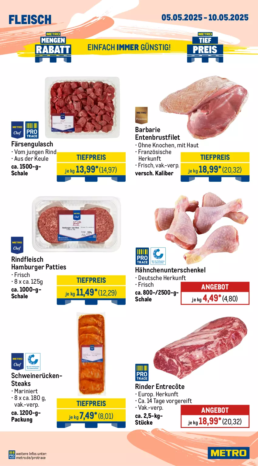Aktueller Prospekt Metro - Wochen-Angebote - von 05.05 bis 10.05.2025 - strona 3 - produkty: angebot, brustfilet, burger, eis, ente, Entenbrust, entrecôte, filet, fleisch, gulasch, hamburger, henkel, Metro, reis, rind, rinder, rindfleisch, Rückensteak, rückensteaks, Schal, Schale, schenkel, schwein, schweine, schweinerücken, steak, steaks, Ti, tiefpreis, wein, weine