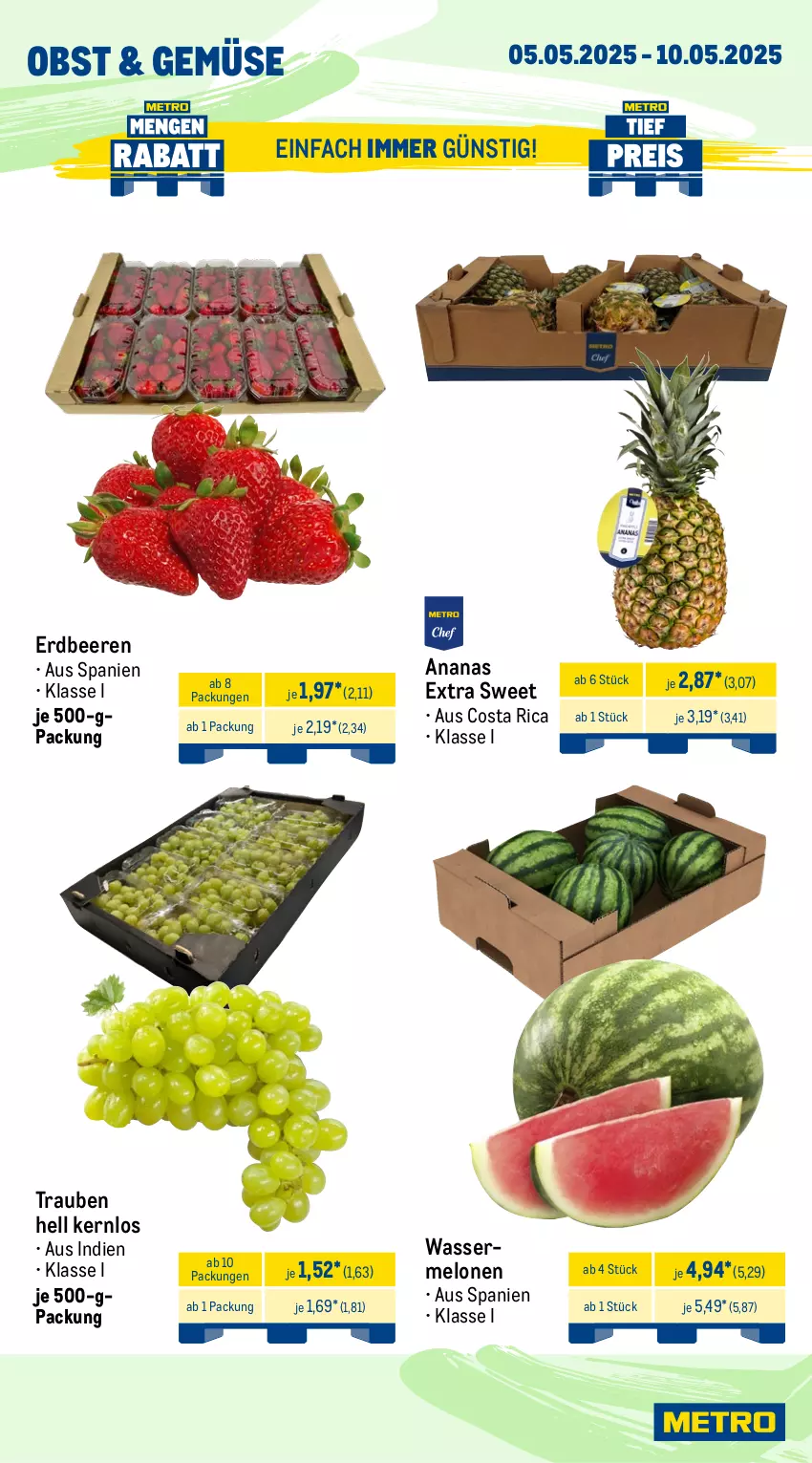 Aktueller Prospekt Metro - Wochen-Angebote - von 05.05 bis 10.05.2025 - strona 7 - produkty: ananas, beere, beeren, erdbeere, erdbeeren, melone, melonen, obst, Ti, trauben, wasser, wassermelone, wassermelonen