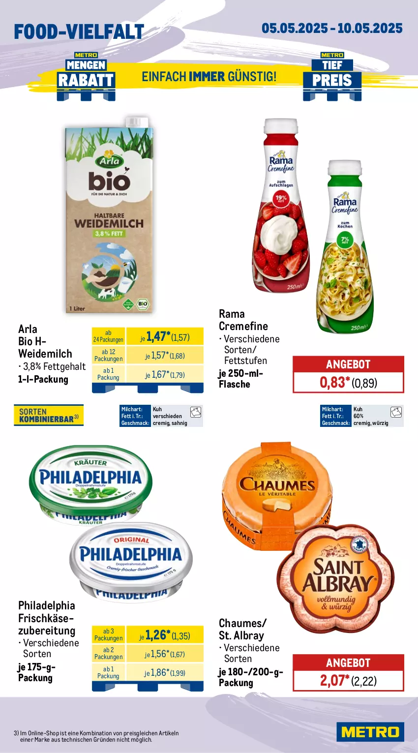 Aktueller Prospekt Metro - Wochen-Angebote - von 05.05 bis 10.05.2025 - strona 9 - produkty: albray, angebot, arla, bio, chaumes, creme, eis, flasche, frischkäse, frischkäsezubereitung, Käse, mac, milch, philadelphia, rama, rama cremefine, reis, St. Albray, Ti, weidemilch