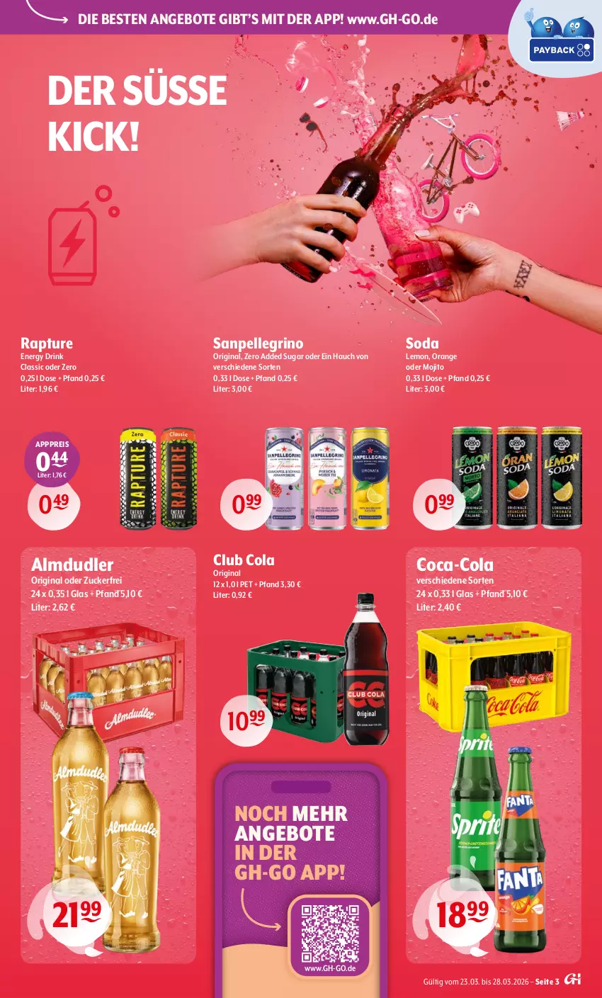 Aktueller Prospekt Getraenke Hoffmann - Prospekte - von 23.03 bis 28.03.2026 - strona 3 - produkty: almdudler, angebot, angebote, coca-cola, cola, drink, eis, elle, energy drink, gin, mojito, orange, reis, sanpellegrino, Soda, Ti, zucker