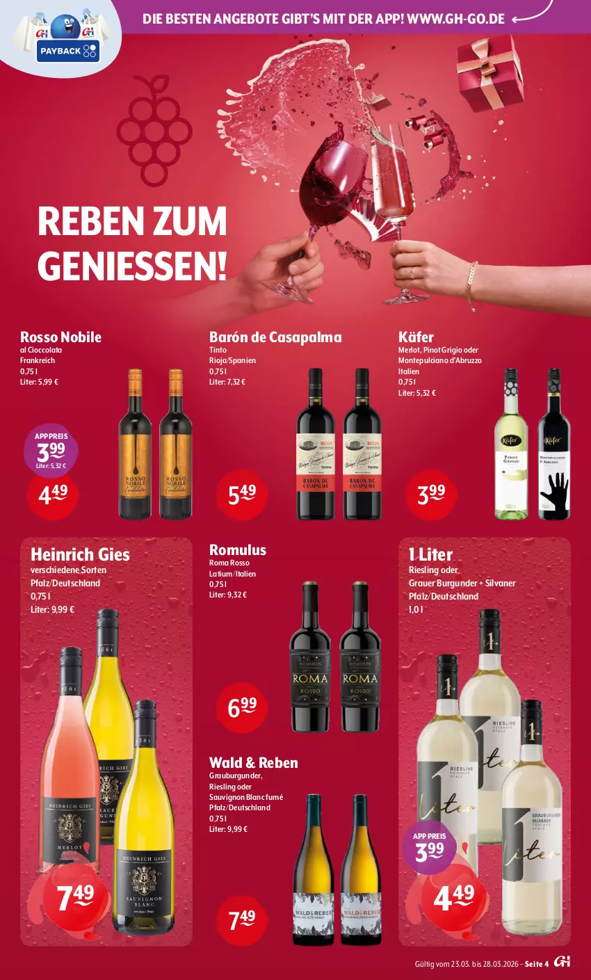Aktueller Prospekt Getraenke Hoffmann - Prospekte - von 23.03 bis 28.03.2026 - strona 4 - produkty: angebot, angebote, auer, burgunder, cola, eis, grauburgunder, grauer burgunder, käfer, merl, merlot, monte, Montepulciano, Pinot, pinot grigio, reis, riesling, rioja, sauvignon, sauvignon blanc, silvaner, Ti