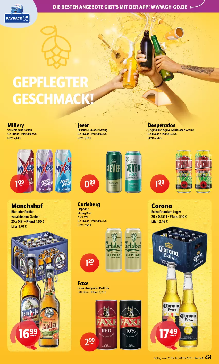 Aktueller Prospekt Getraenke Hoffmann - Prospekte - von 23.03 bis 28.03.2026 - strona 6 - produkty: angebot, angebote, axe, bier, carlsberg, corona, desperados, gin, jever, jever pilsener, mac, Mixer, mixery, mönchshof, oder radler, pils, pilsener, radler, spirituosen, Ti