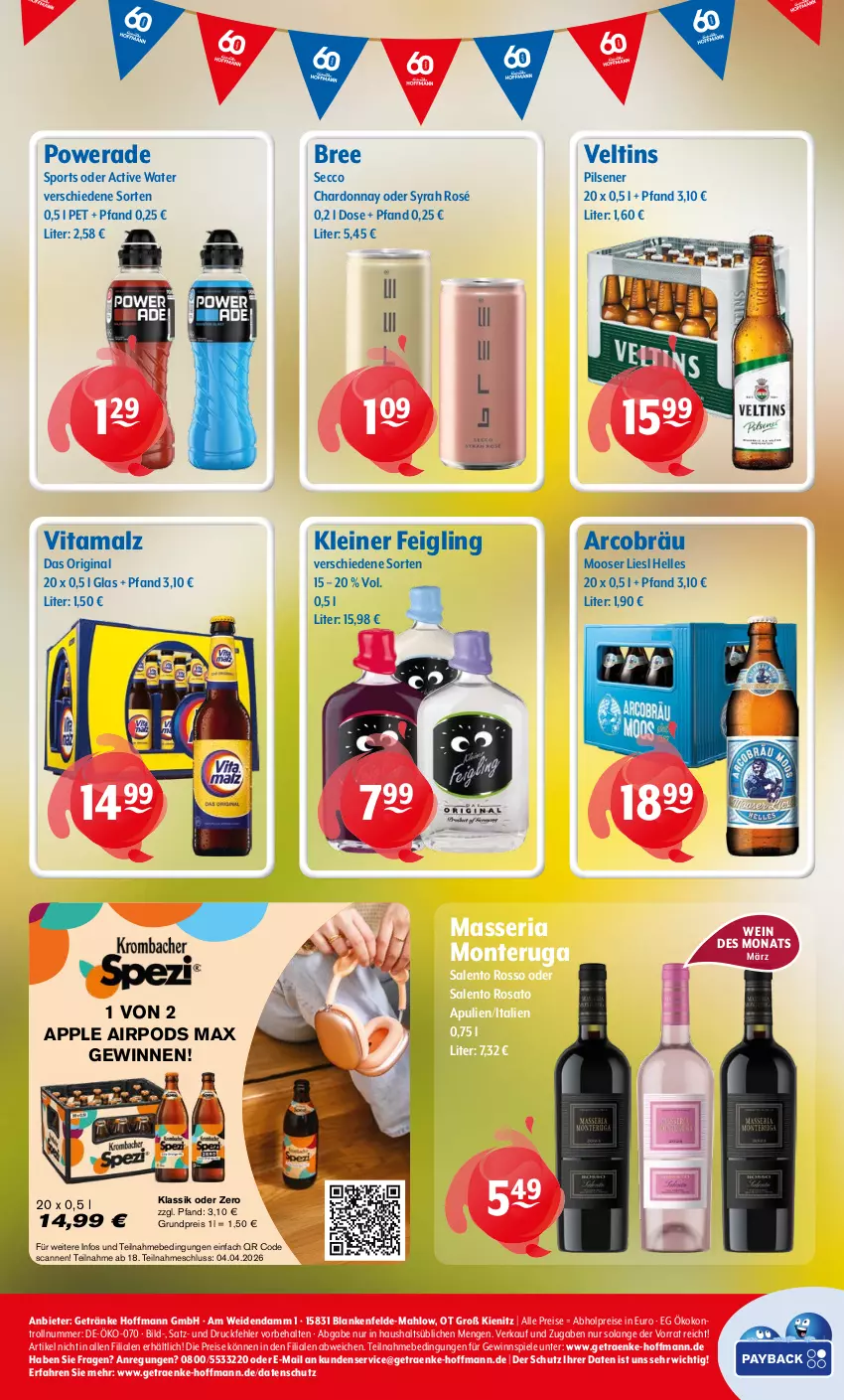 Aktueller Prospekt Getraenke Hoffmann - Prospekte - von 23.03 bis 28.03.2026 - strona 8 - produkty: abholpreise, Apple, Apple AirPods, bree, chardonnay, cola, ecco, eis, elle, getränk, getränke, gewinnspiel, gin, kleiner feigling, krombache, krombacher, leine, malz, monte, orange, pils, pilsener, Pods, reis, Ria, rosato, Spezi, Spiele, Sport, Ti, veltins, vita, vitamalz, wein