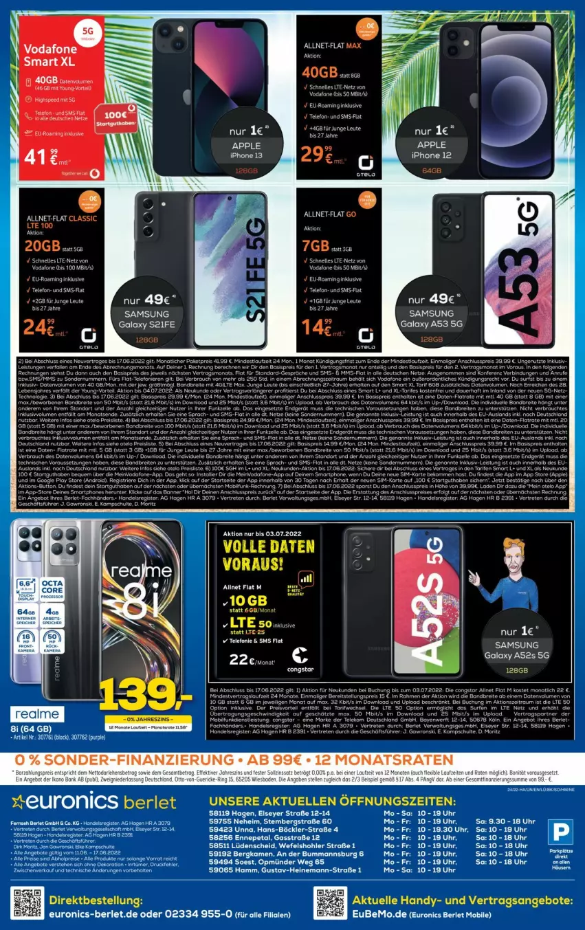 Aktueller Prospekt Euronics - Prospekte - von 15.06 bis 22.06.2022 - strona 10 - produkty: aeg, angebot, angebote, Apple, apple iphone, Bebe, buch, Egger, eis, elle, Handy, iphone, IPhone 12, IPhone 13, reis, Samsung, samsung galaxy, Samsung Galaxy A, Samsung Galaxy S, tee, telefon, Ti, uhr, vodafone