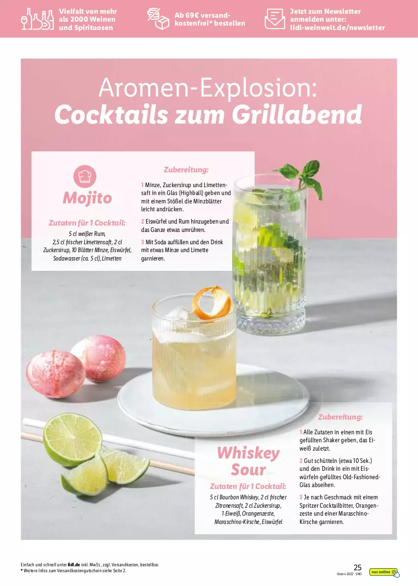 Aktueller Prospekt Lidl - Entkork Magazin - von 09.03 bis 24.04.2022 - strona 25 - produkty: bourbon, bourbon whiskey, eis, eiswürfel, elle, gutschein, kirsch, kirsche, limette, limetten, Mett, metten, minze, ndk, orange, orangen, rum, saft, sirup, Soda, spirituosen, versandkostenfrei, wasser, wein, weine, whiskey, würfel, zitrone, zitronen, zitronensaft, zucker