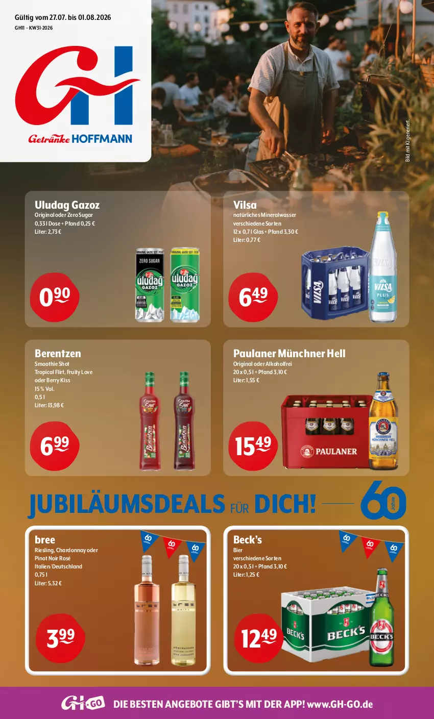 Aktueller Prospekt Getraenke Hoffmann - Prospekte - von 27.07 bis 01.08.2026 - strona 1 - produkty: alkohol, Alwa, angebot, angebote, berentzen, bier, bree, chardonnay, gin, Jubiläums, mineralwasser, natürliches mineralwasser, Paula, paulaner, Pinot, pinot noir, riesling, smoothie, Ti, vilsa, wasser